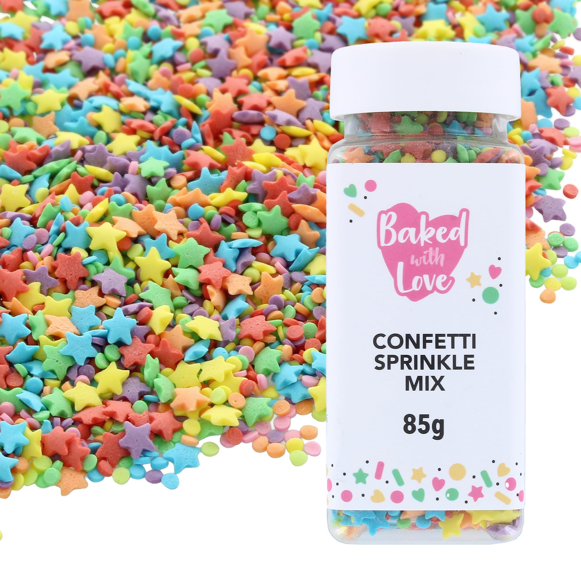 Baked with Love Confetti Bright Sprinkles - Multi-Coloured Sugar Shapes | 85g Resealable Bottle