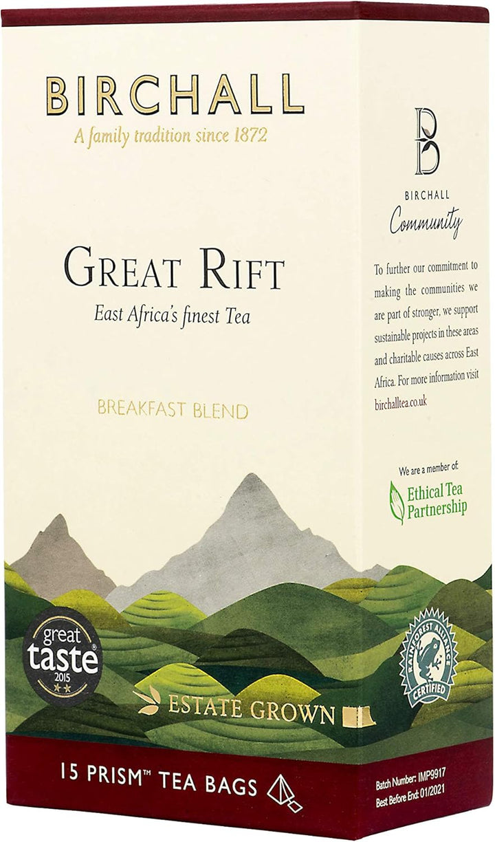 Birchall Great Rift Breakfast Blend Tea Bags, 15 Plant-Based Biodegradable Bags, Rainforest Alliance Certified