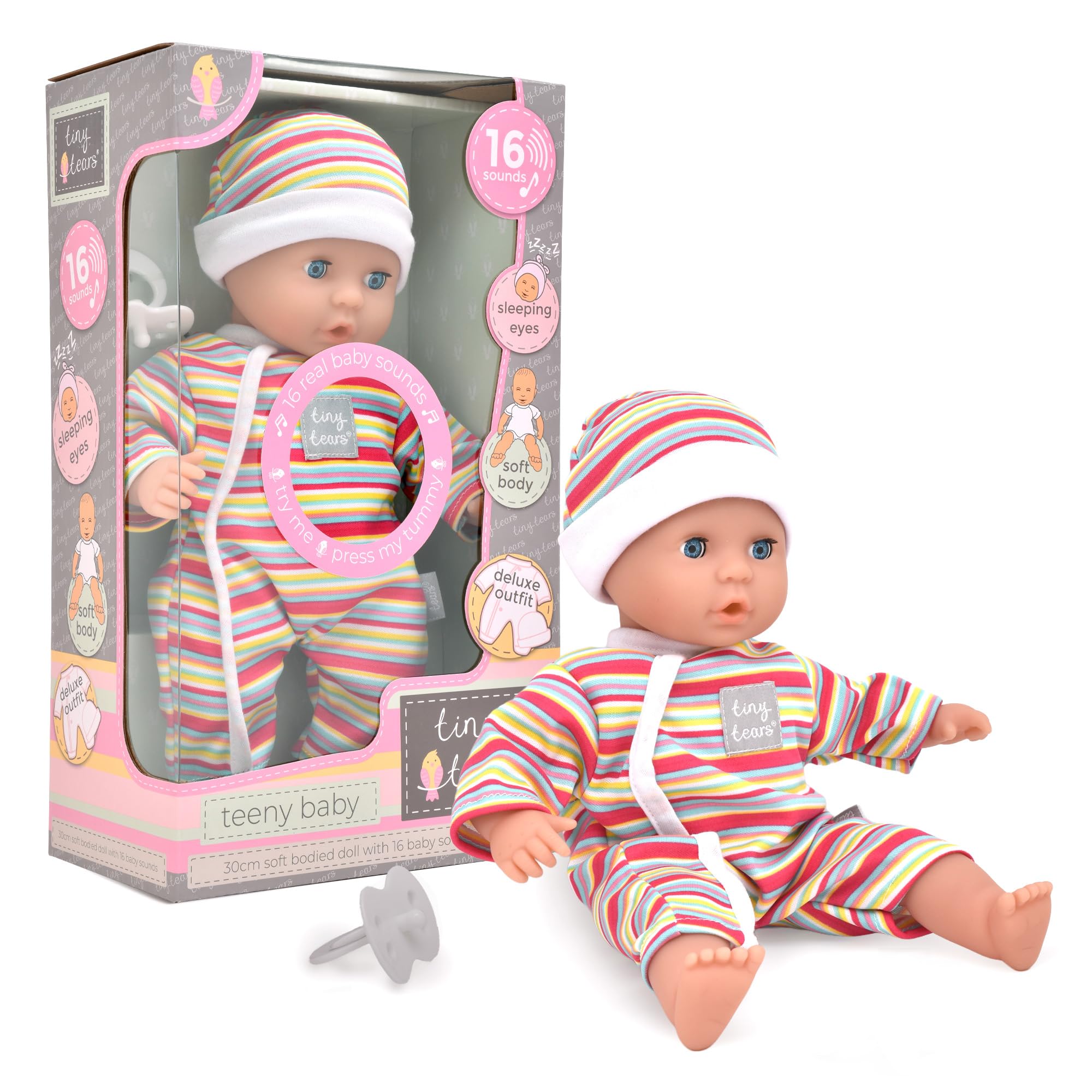John Adams Tiny Tears Teeny Baby - 30cm Soft Doll with 16 Interactive Sounds | Ages 10 Months+