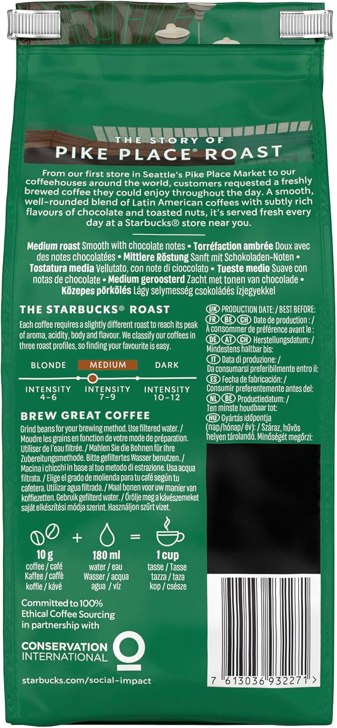 STARBUCKS Pike Place Roast - Medium Roast Whole Bean Coffee 200g (Pack of 6)