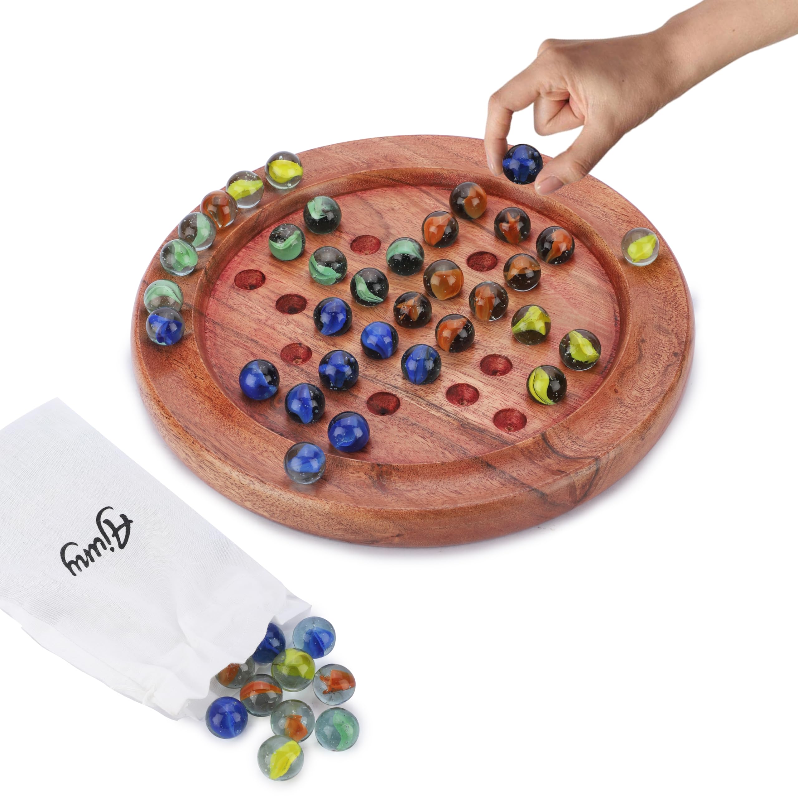 Ajuny Classic Solitaire Handcrafted Wooden Board Game with 4-Color Marbles
