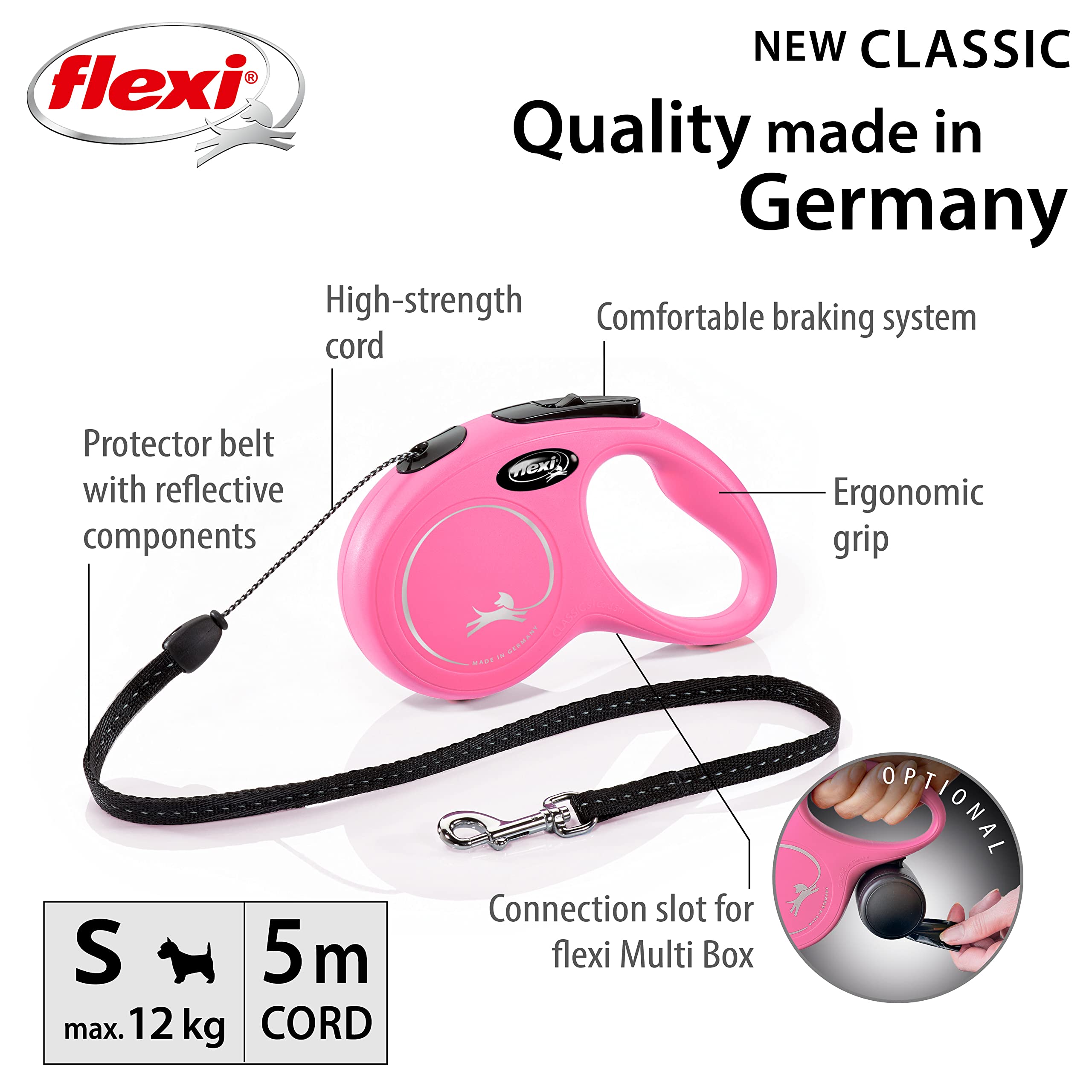 flexi New Classic Cord Retractable Dog Lead | Pink | 5m Cord | Up to 12kg/26lbs 3