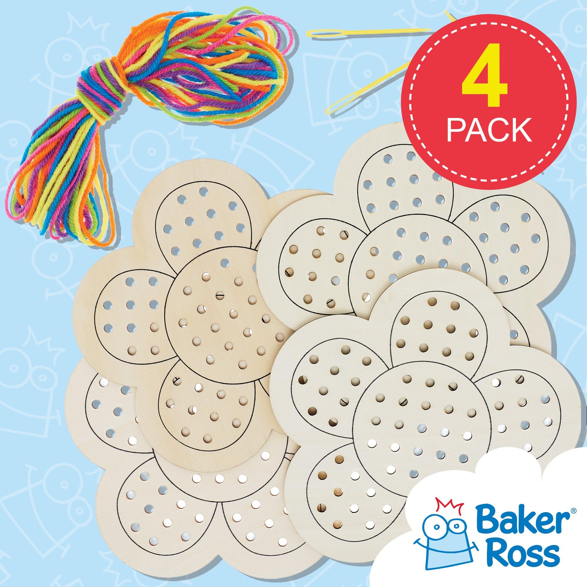Baker Ross Flower Wooden Threading Kits - Pack of 4 | Kids Crafts | Ages 3+