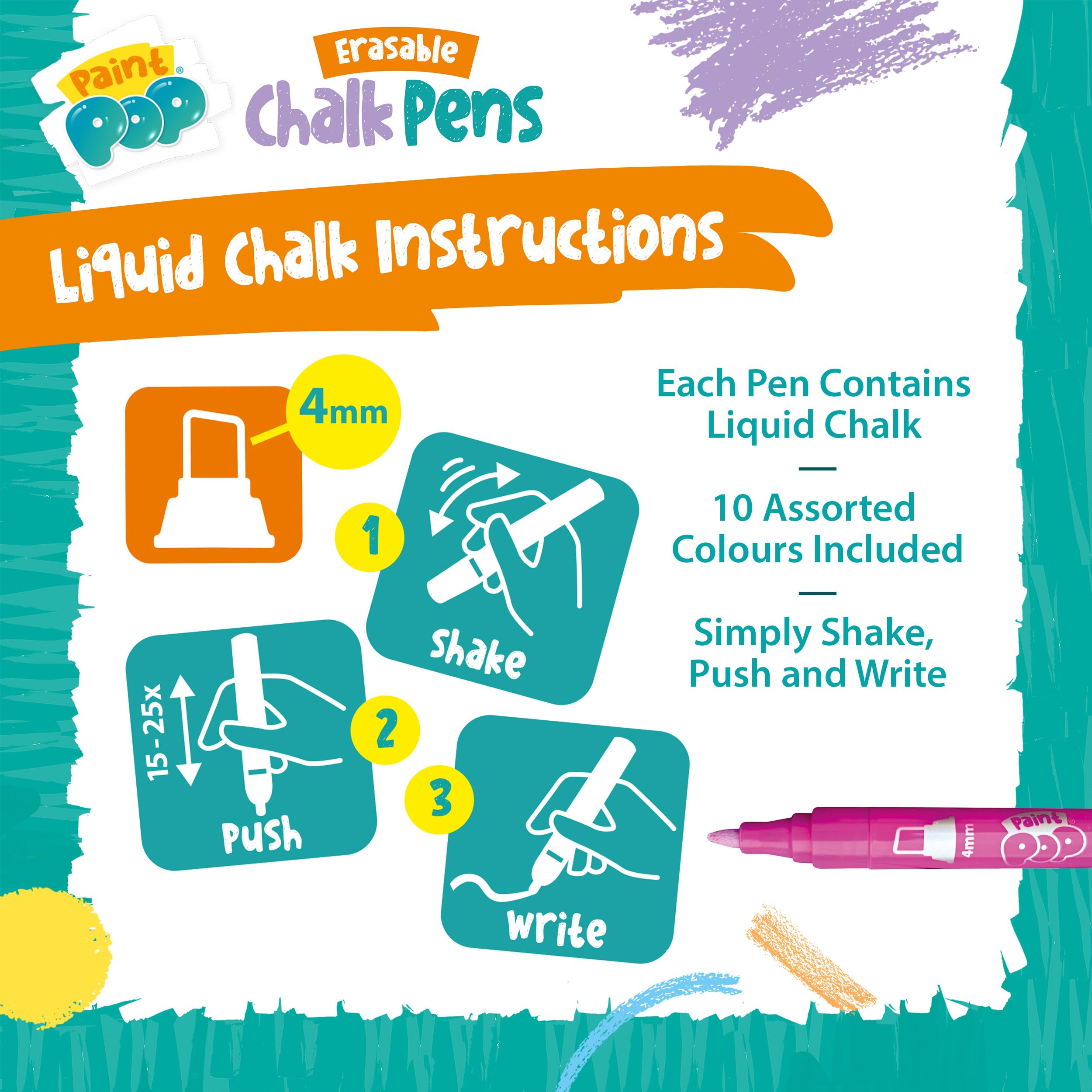 Paint Pop Erasable Liquid Chalk Pens - Mess Free Fine Tip for Glass & Whiteboards | 10 Assorted Colours 5