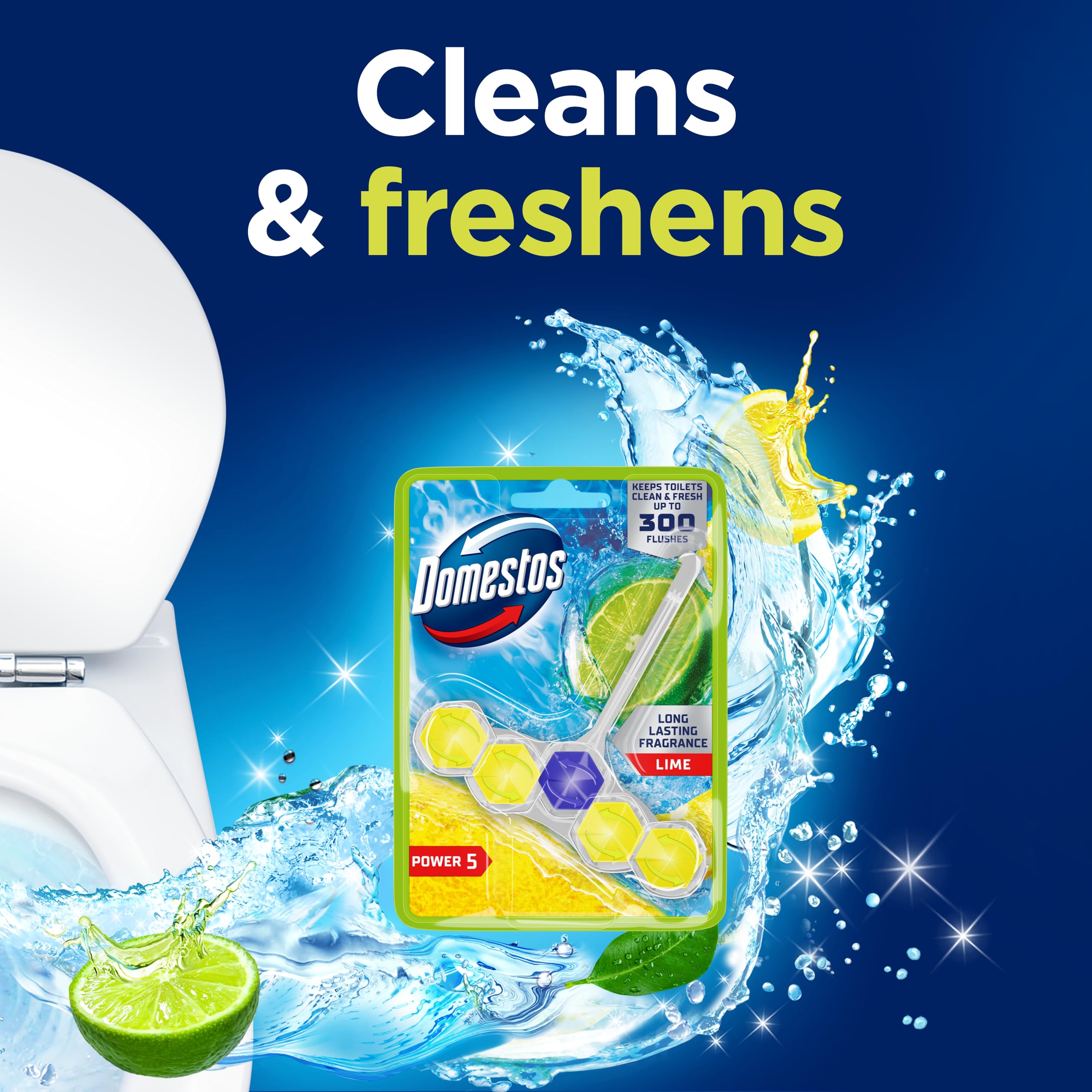 Domestos Power 5 Lime Toilet Rim Block Freshener | 5 Benefits | Lasts up to 300 Flushes