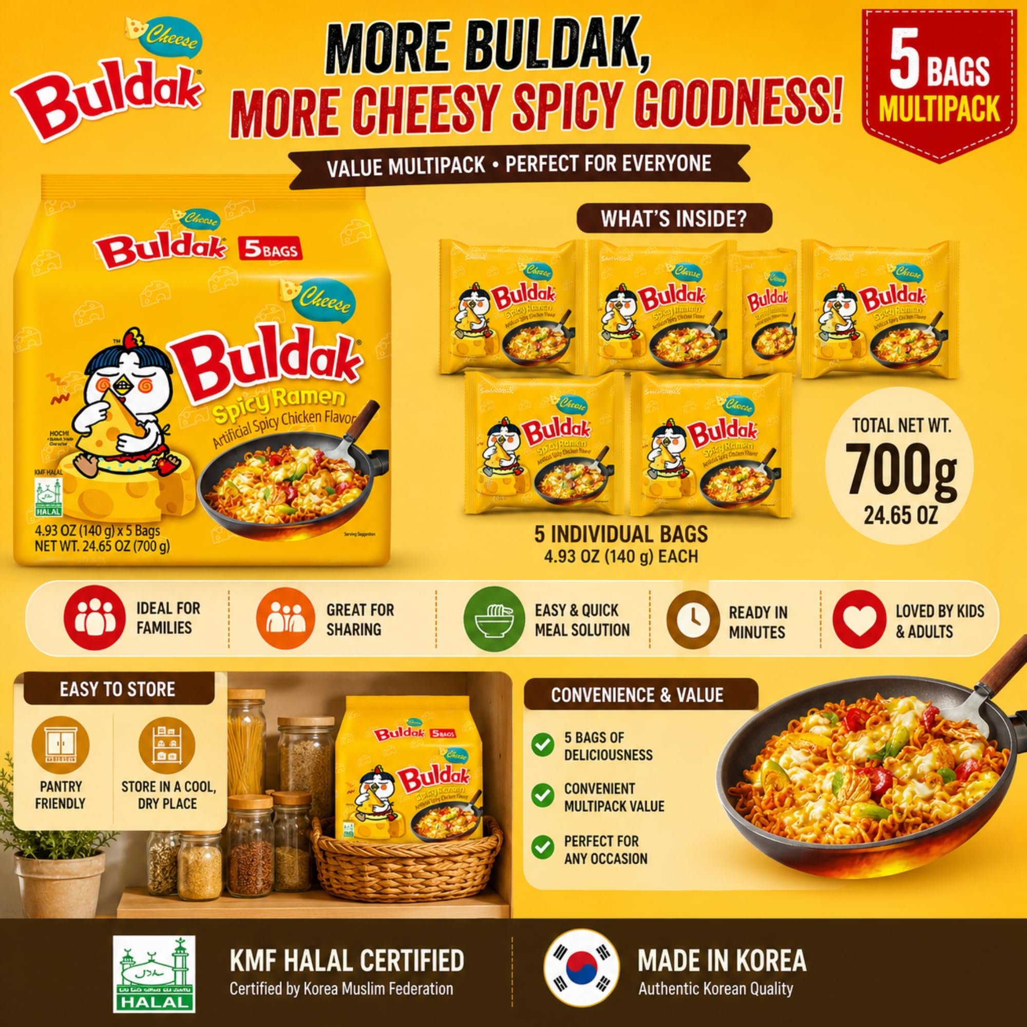 Buldak Noodles Cheese Spicy Chicken Flavor Ramen - 10 Pack 7