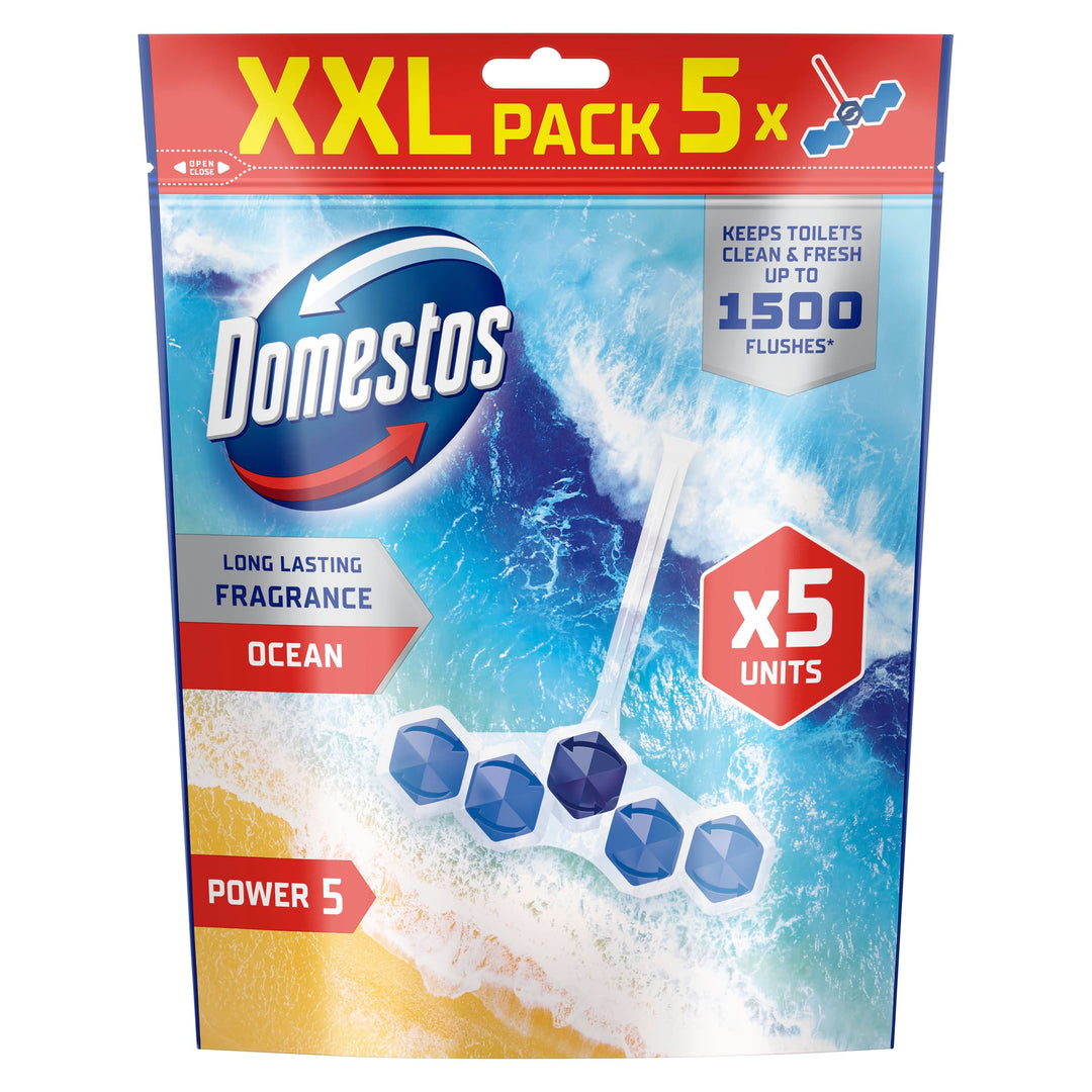 Domestos Power 5 Ocean Toilet Rim Blocks - Long-Lasting Toilet Freshener for Up to 300 Flushes