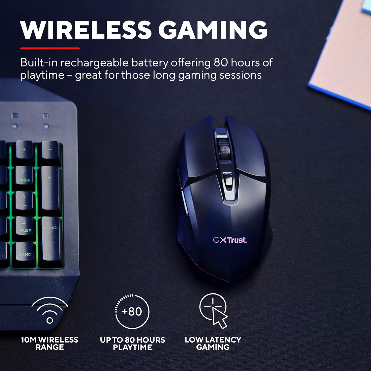 Trust Gaming GXT 110 Felox Rechargeable Wireless Gaming Mouse – 80H Battery, 800-4800 DPI, RGB LED, 6 Buttons 12