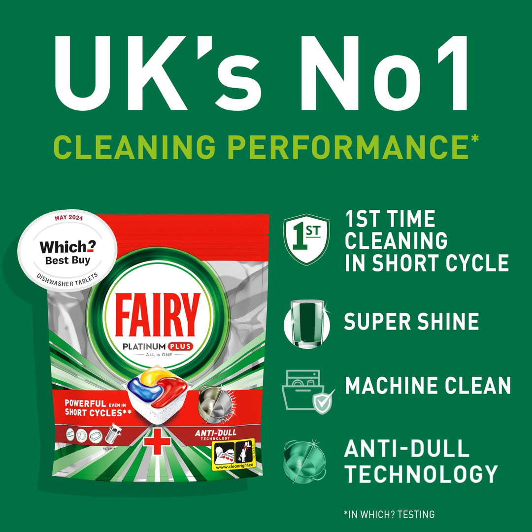 Fairy Platinum Plus Complete Dishwasher Tablets, 40 Tablets, Lemon, With Anti-Dull Technology