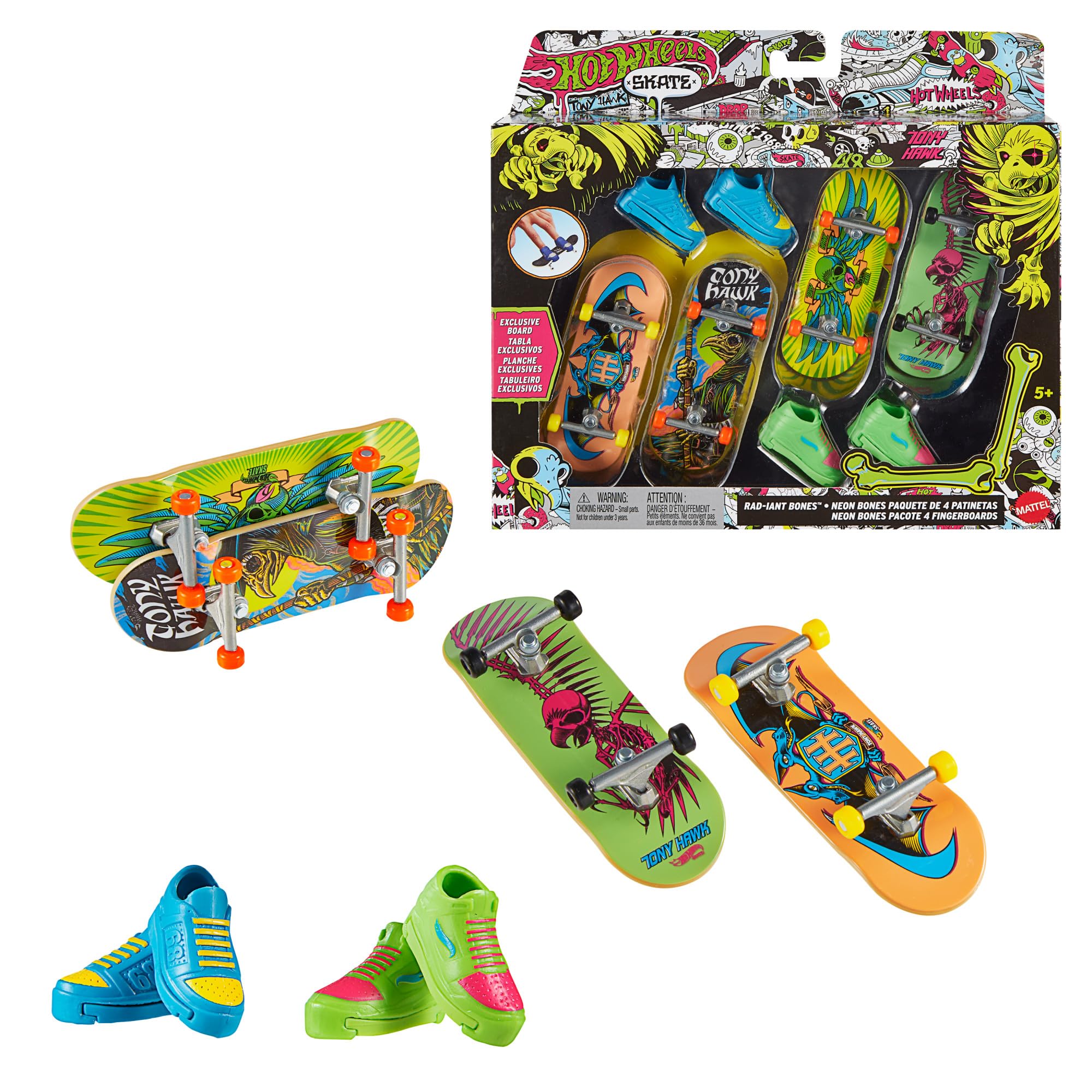 Hot Wheels Skate Neon Bones Tony Hawk-Themed Fingerboard Set of 4 1