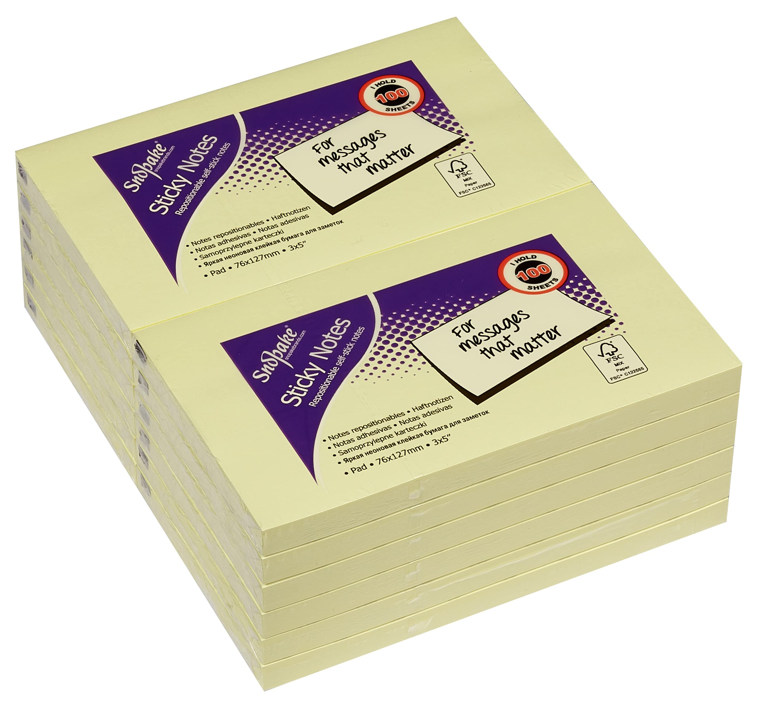 Snopake Yellow Self-Stick Notes - 127 x 76 mm | 12 Pads of 100 Sheets | Stronger Adhesive 1