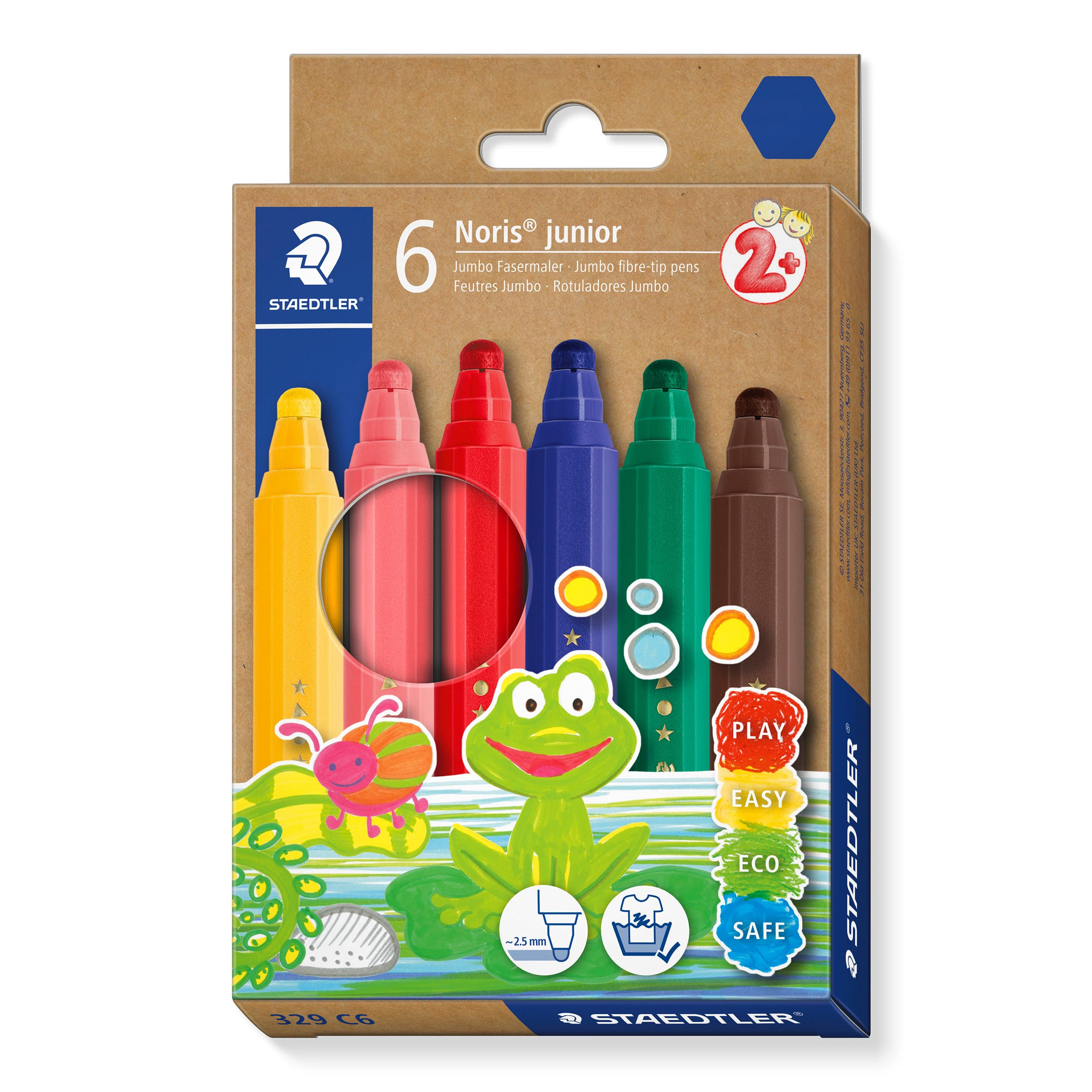 STAEDTLER Noris Junior Jumbo Fibre-Tip Pens - Toddler Age 2+, Washable Ink, Assorted Colours (12 Pack)