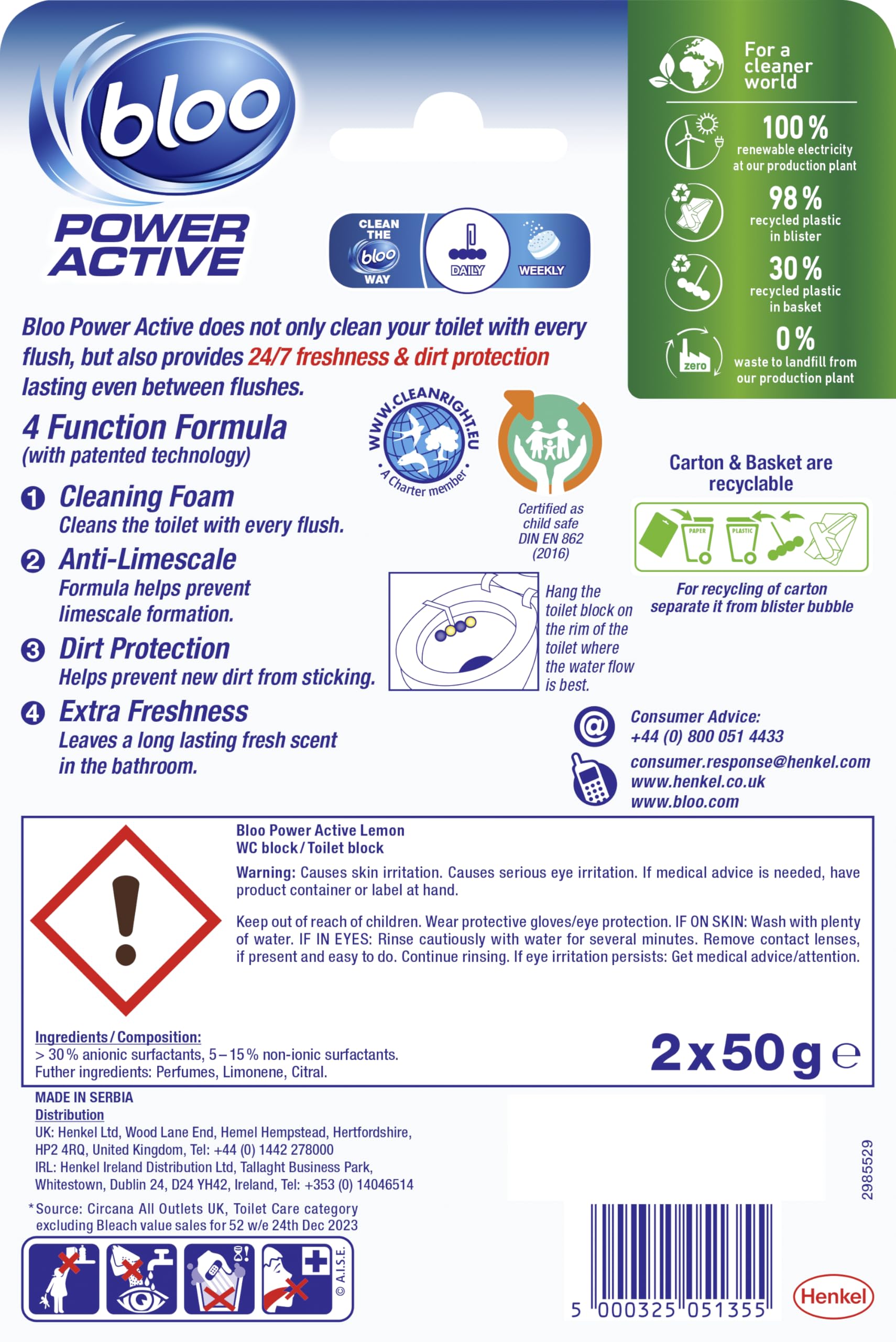 Bloo Power Active Toilet Rim Block Lemon Scent - 2 Count | Anti-Limescale & Cleaning Foam 2