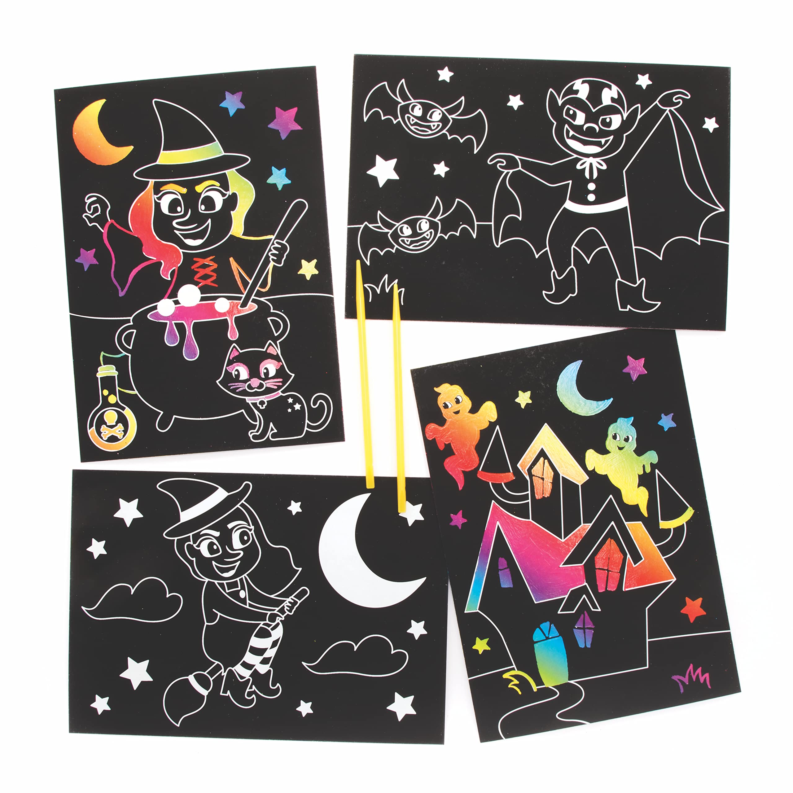 Baker Ross Halloween Scratch Art Pictures - Pack of 8 Rainbow Reveal Craft Set 1