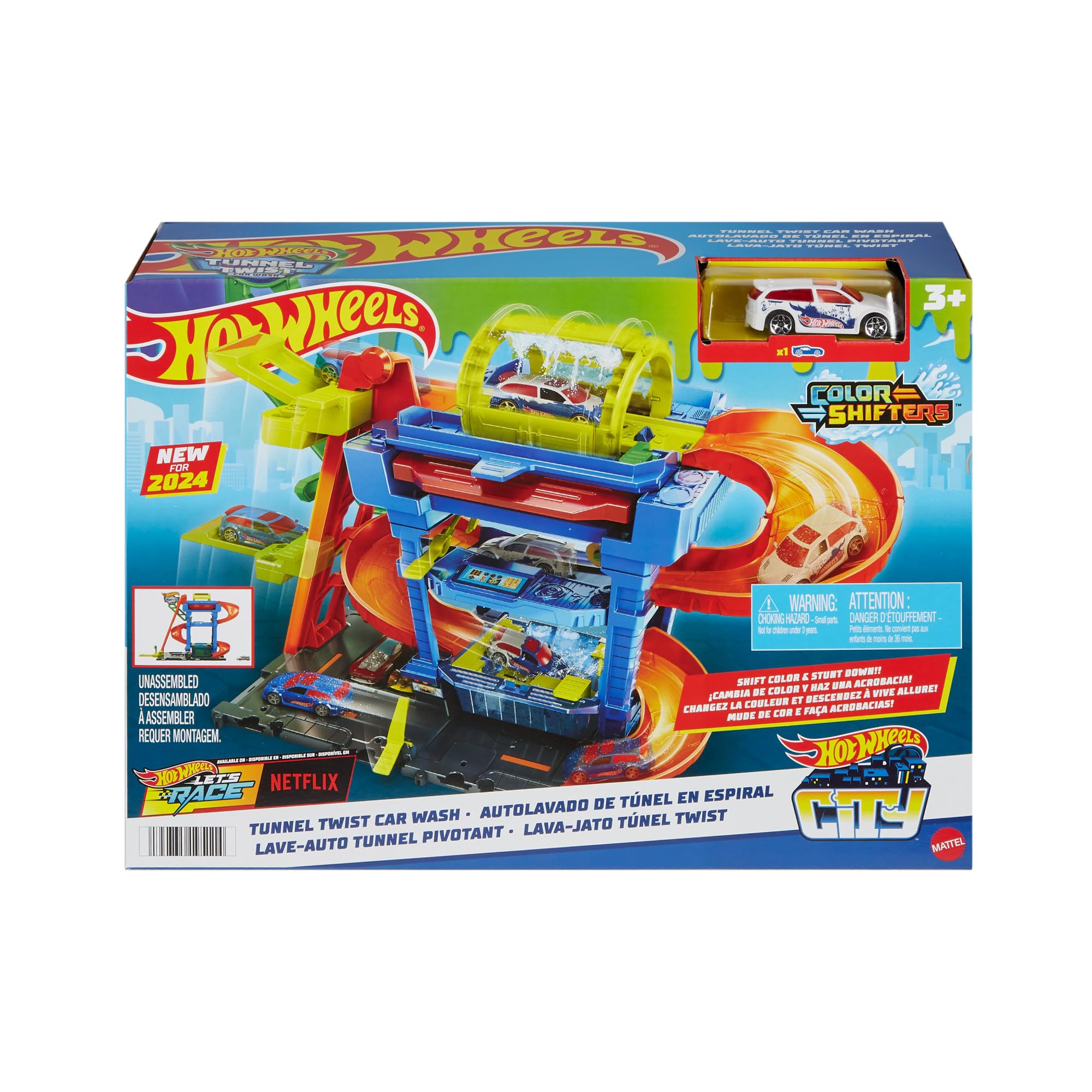 Hot Wheels Let's Race - City Tunnel Twist Car Wash Playset | Includes 1 Color Shifters Car | 1:64 Scale