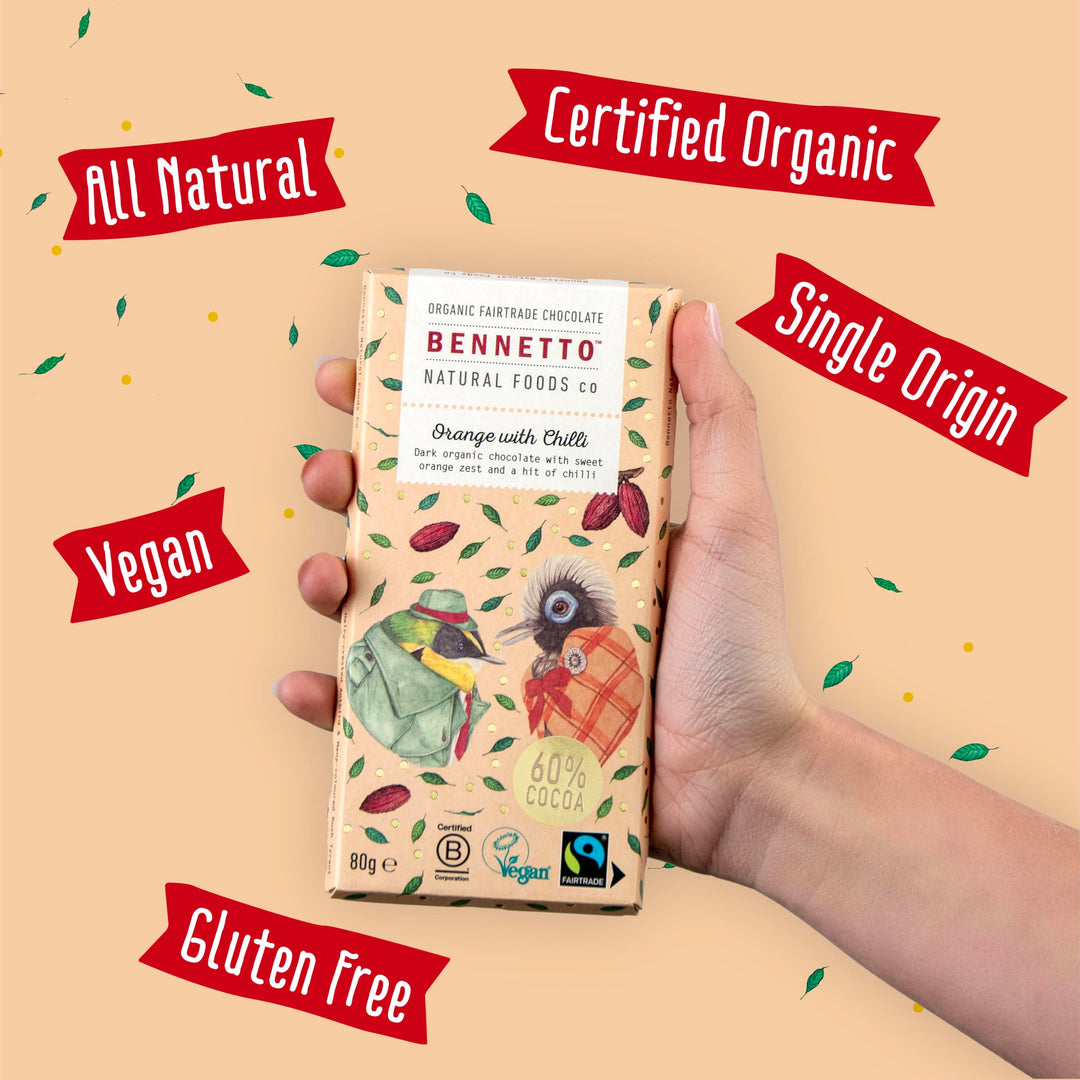 Bennetto Orange with Chilli Dark Chocolate Bar - Organic, Vegan, Fairtrade with Orange Zest & Chilli