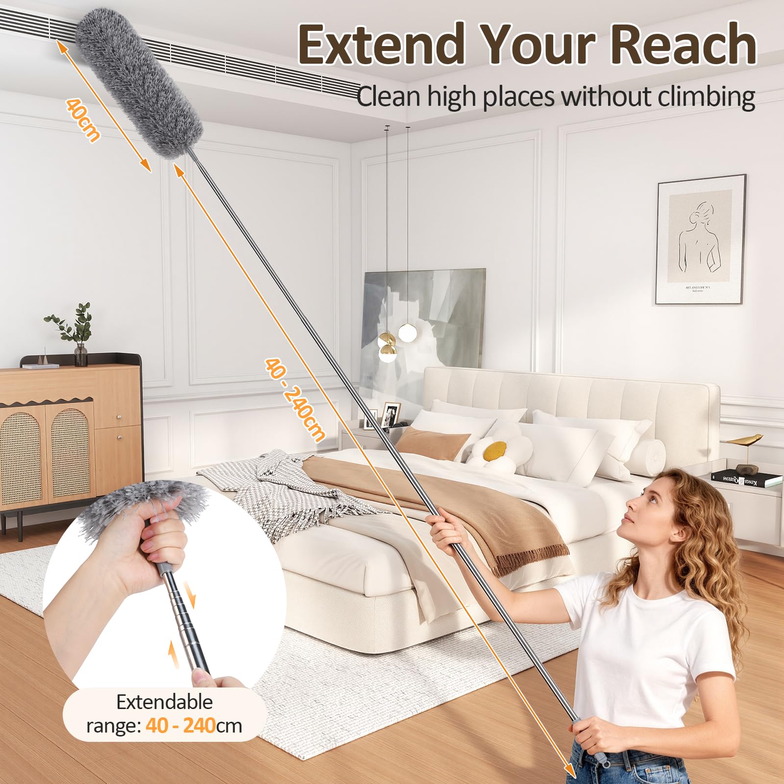 Alyvisun Extendable Feather Duster - 40-240 cm Telescopic Pole, Washable Microfibre Head 2