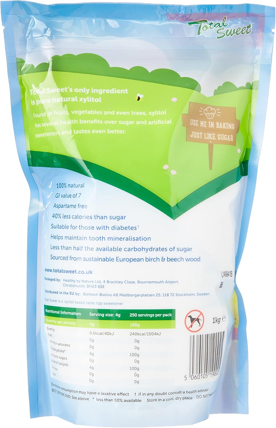 Total Sweet 100% Natural Xylitol Sugar Alternative, 1kg – Birch Wood Derived, Low GI, Gluten Free, Vegan