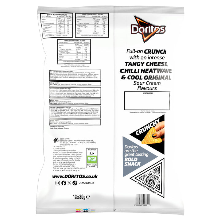 Doritos Variety Pack 12 x 30g Multipack - Chilli Heatwave, Cool Original & Tangy Cheese Flavours