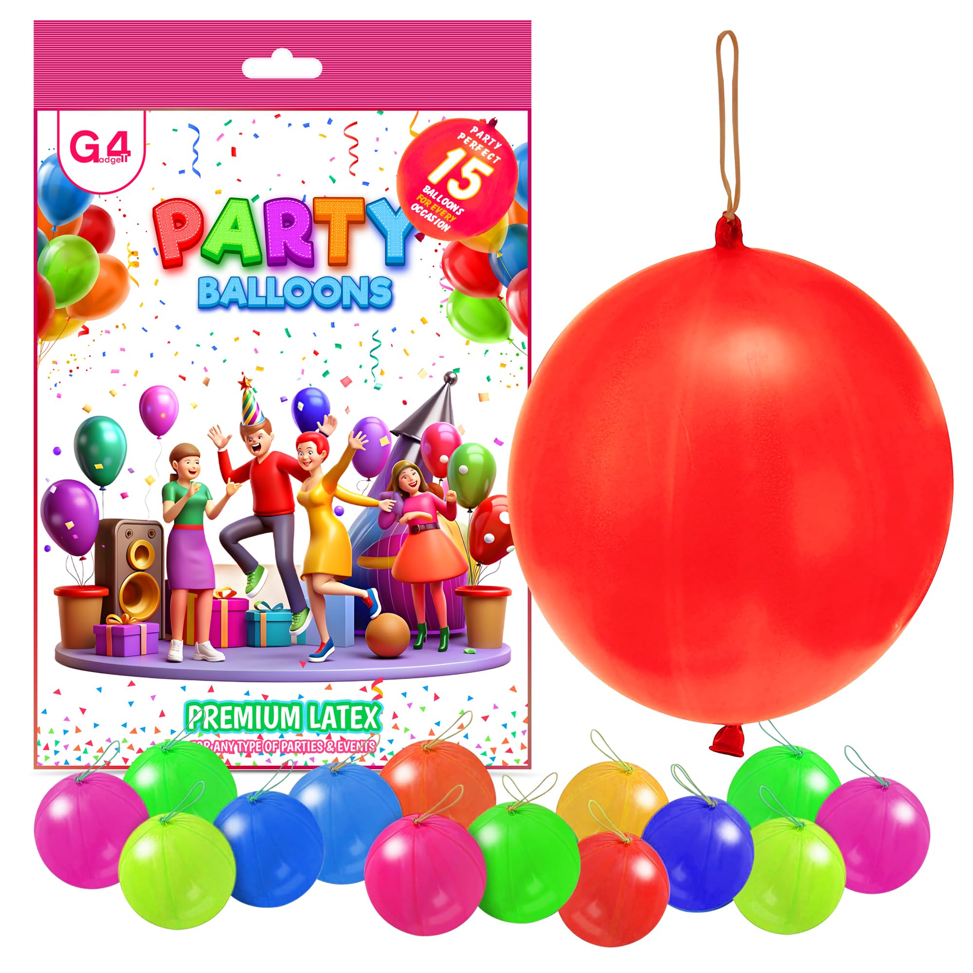 G4GADGET 15 Pack Punch Balloons - Assorted Colors, Large Size, Elastic Bands 1
