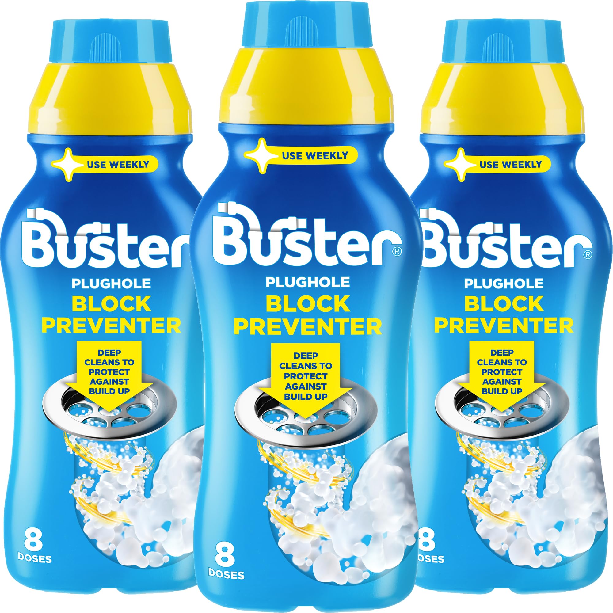 Buster Block Preventer - 500ml Pack of 3 | Deep Clean Drain & Pipe Unblocker for Kitchen & Bathroom 1