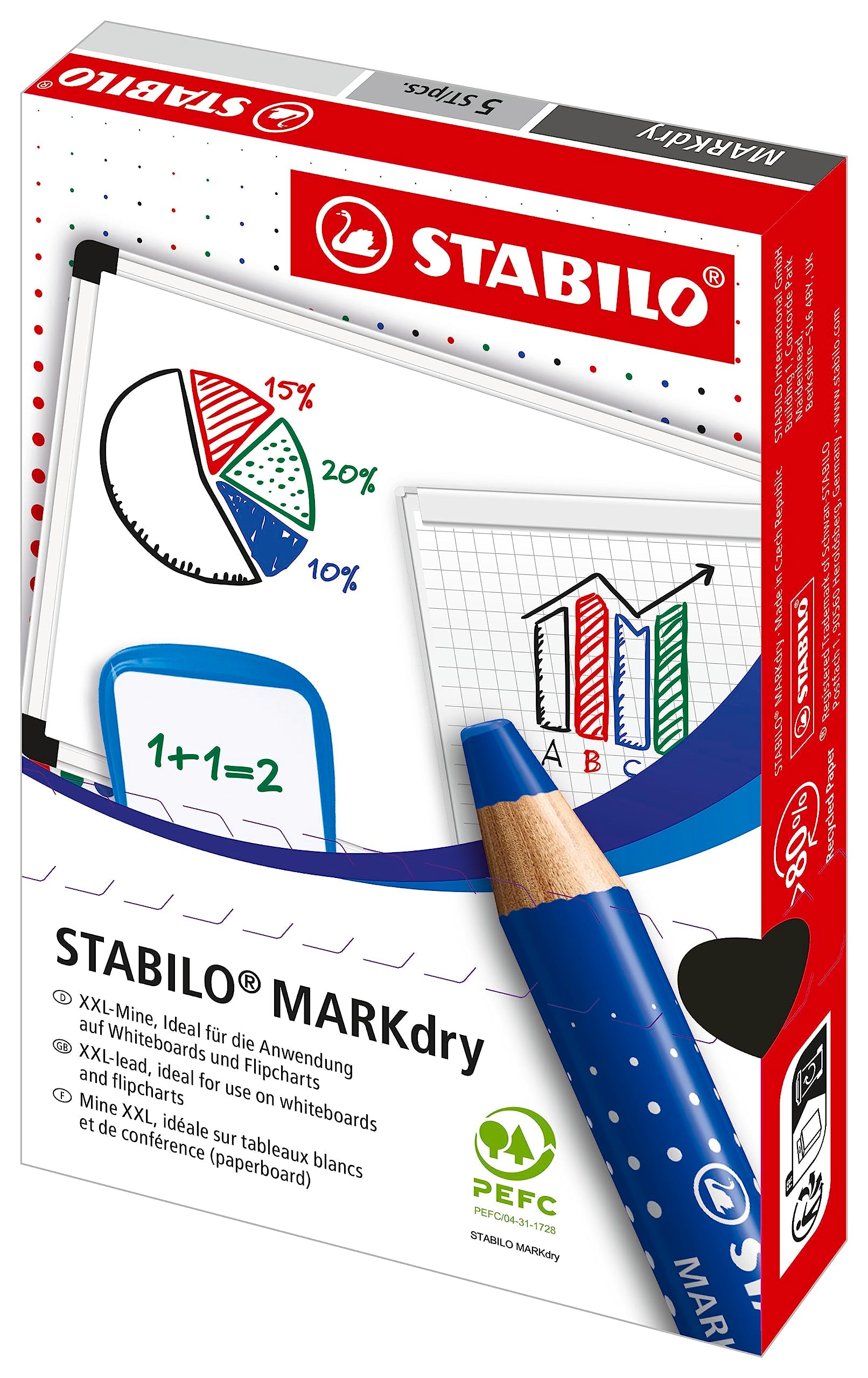 STABILO MARKdry Whiteboard & Flipchart Markers - Pack of 5 Black | 10mm XXL Lead | PEFC-Certified Wood 9