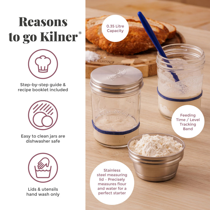 Kilner Sourdough Starter Set with 2 Glass Jars, Measuring Lid, Spatula, and Accessories