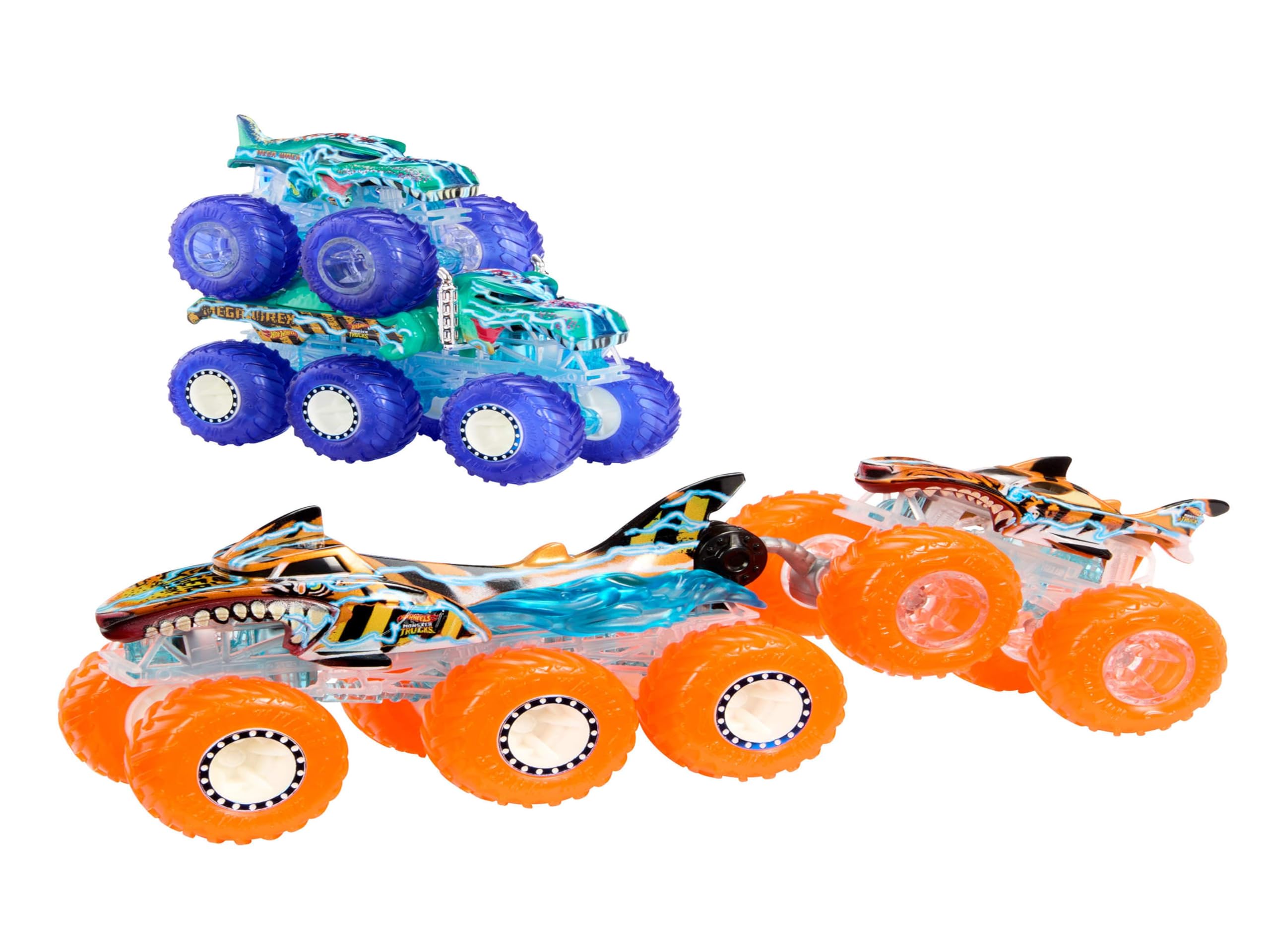 Hot Wheels Monster Trucks Multipack - Mega-Wrex & Tiger Shark 1:64 Scale Trucks with Big Rigs (HYJ29) 1
