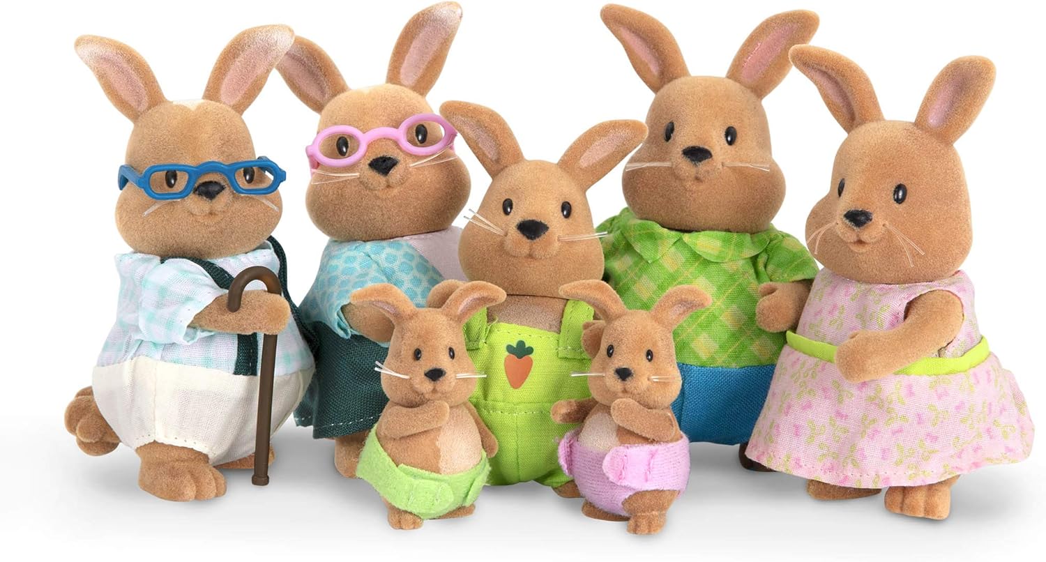 Li'l Woodzeez Cottonball Rabbit Family - 7-Piece Movable Figurine Set with Interchangeable Outfits 1
