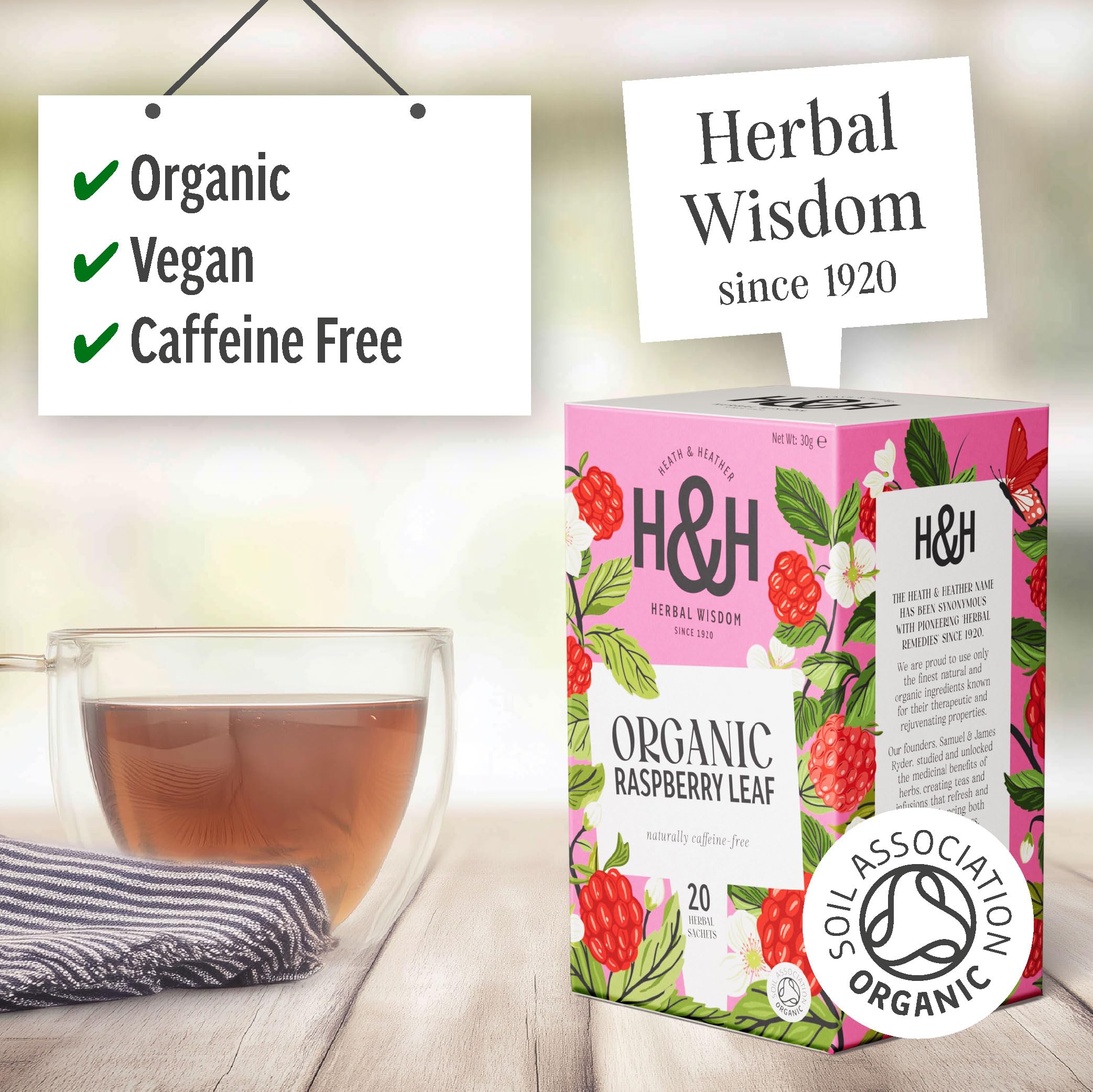 Heath & Heather Organic Raspberry Leaf Teabags (6 Packs of 20, 120 Total) Individually Wrapped Caffeine-Free Herbal Tea 8