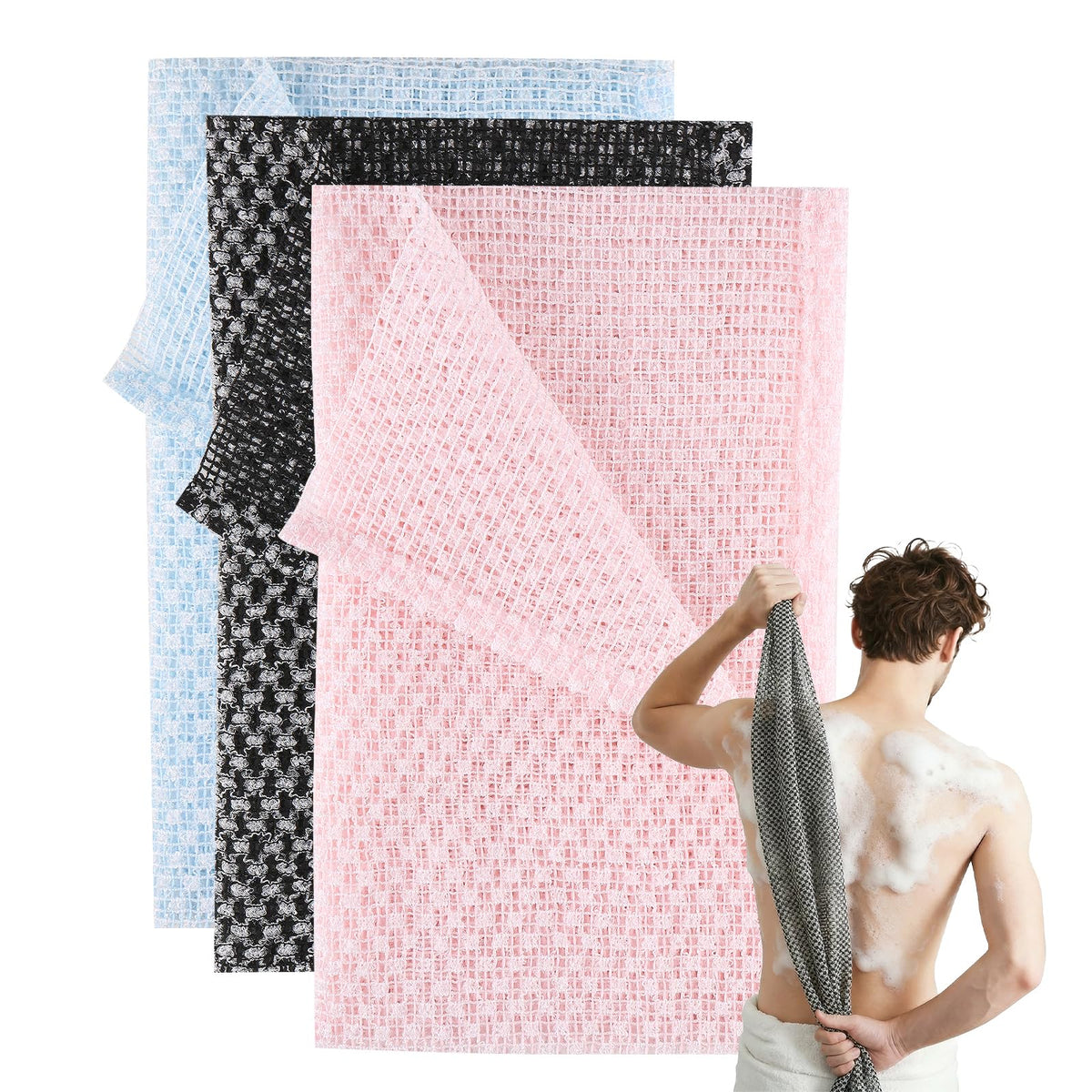 Lafefe Exfoliating Shower Towel - 3 Pack | Back Scrubber | Nylon Mesh