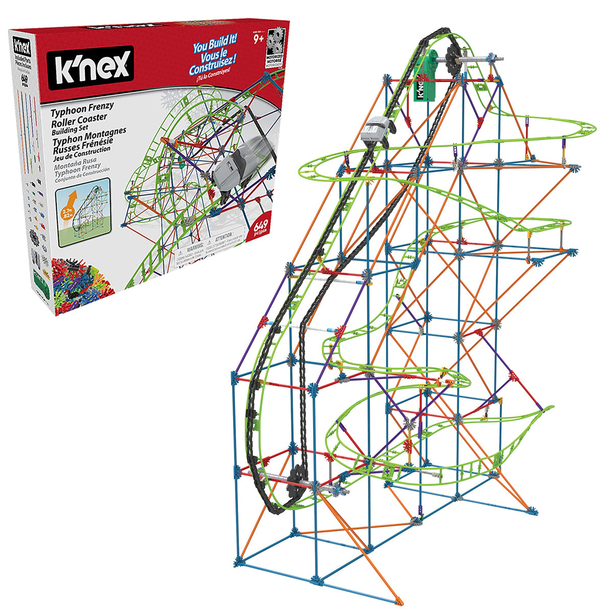 K'NEX Typhoon Frenzy Roller Coaster Building Set - 640 Pieces, 19 ft Track, Age 9+