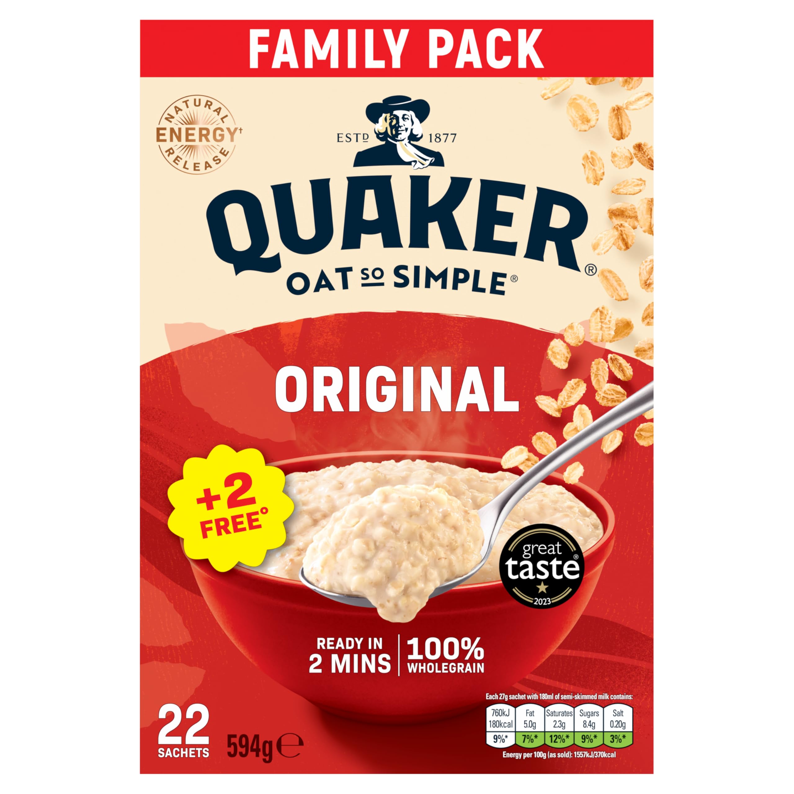 Quaker Original Oat So Simple Family Pack - 100% Whole Grain | Ready in 2 Minutes | 22 Sachets 1
