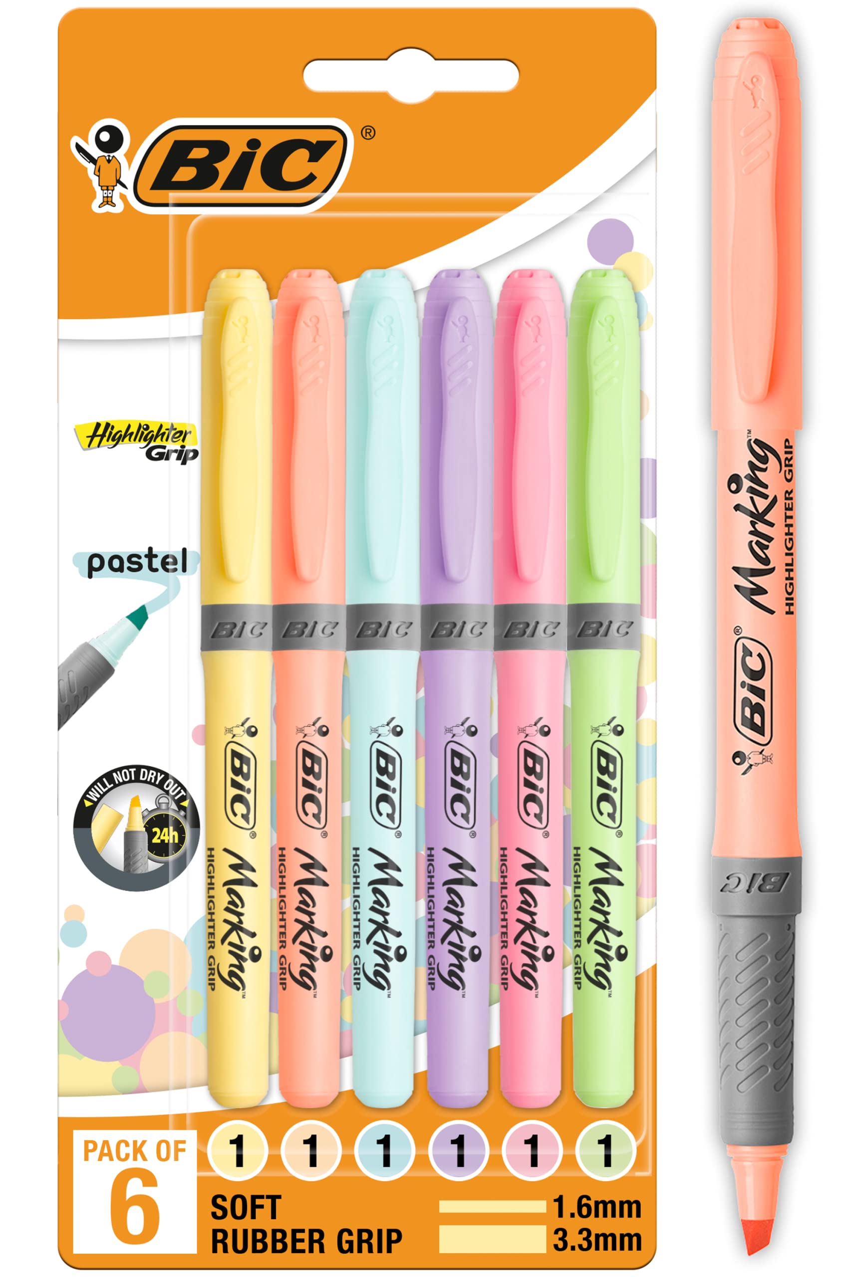 BIC Highlighter Grip Pastel Marker Pens - Adjustable Chisel Tip, Water-Based Ink | Pack of 6 1