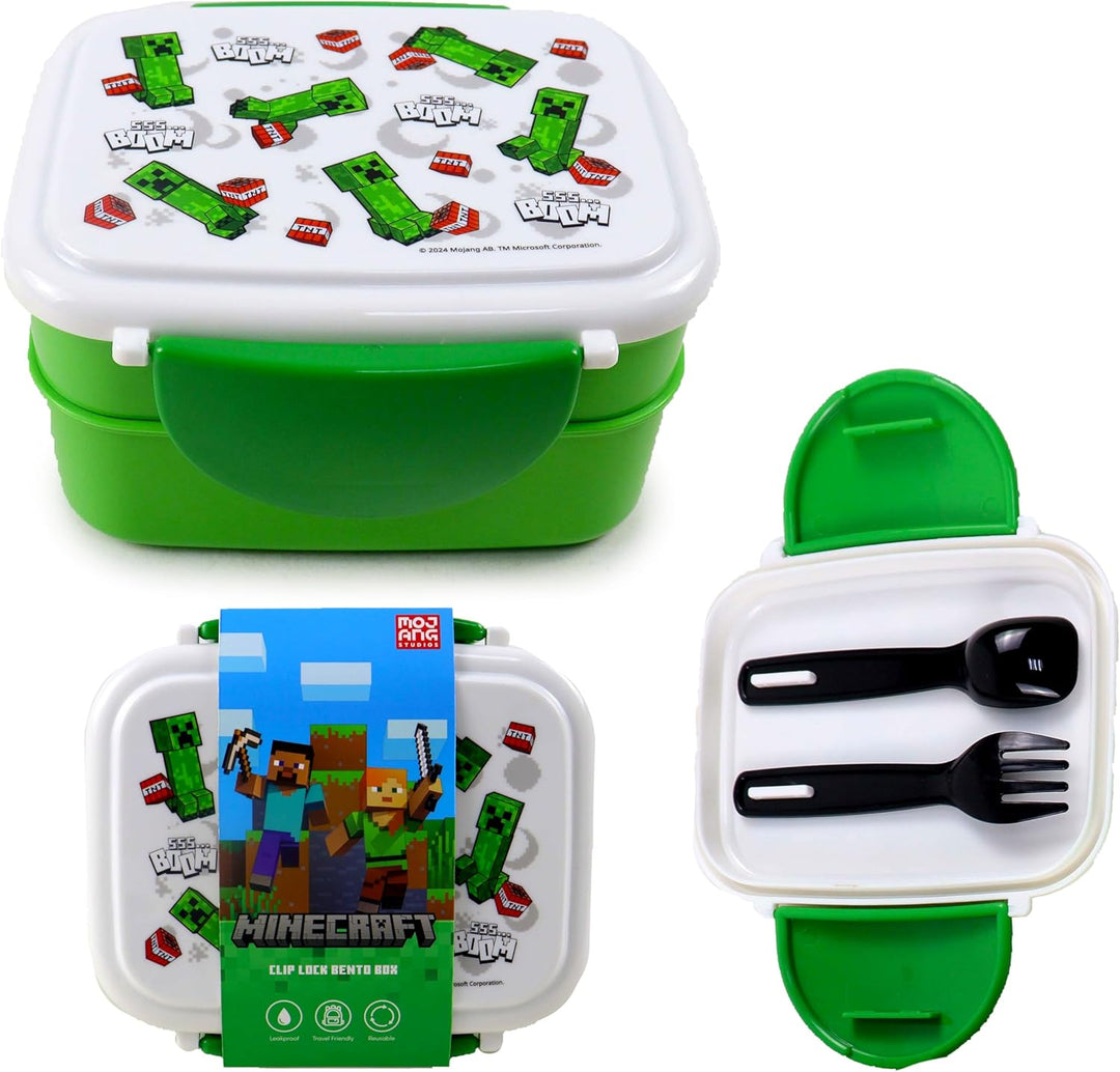 Puckator Minecraft Creeper & TNT Clip Lock Stacked Bento Lunch Box with Cutlery