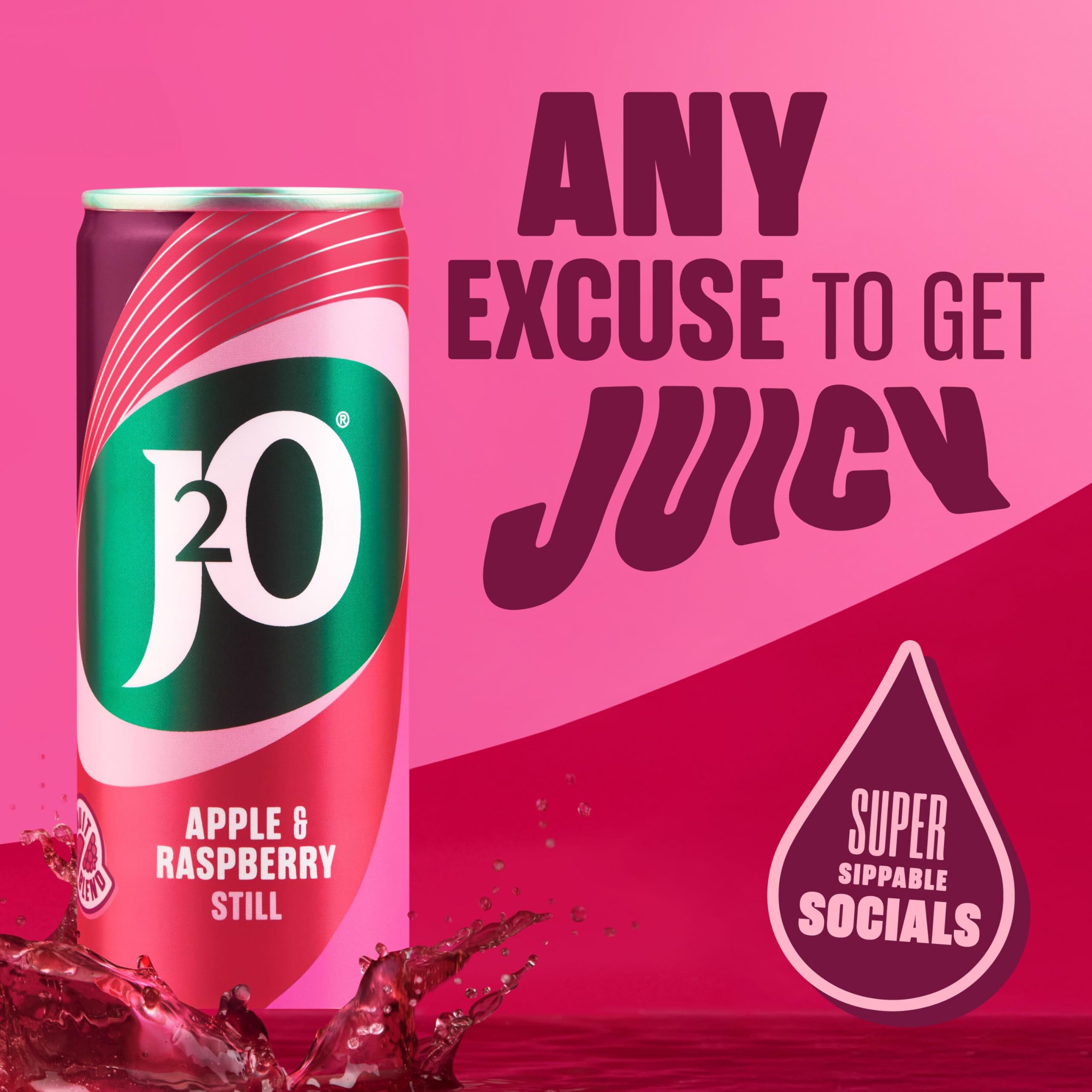 J2O Apple & Raspberry Fruit Drink Cans - 4 x 250ml Pack | Low Calorie 2
