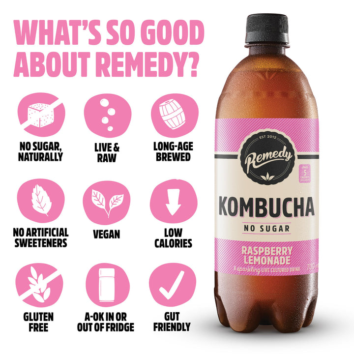 Remedy Kombucha Tea - Raspberry Lemonade - Sparkling Live Cultured, Natural