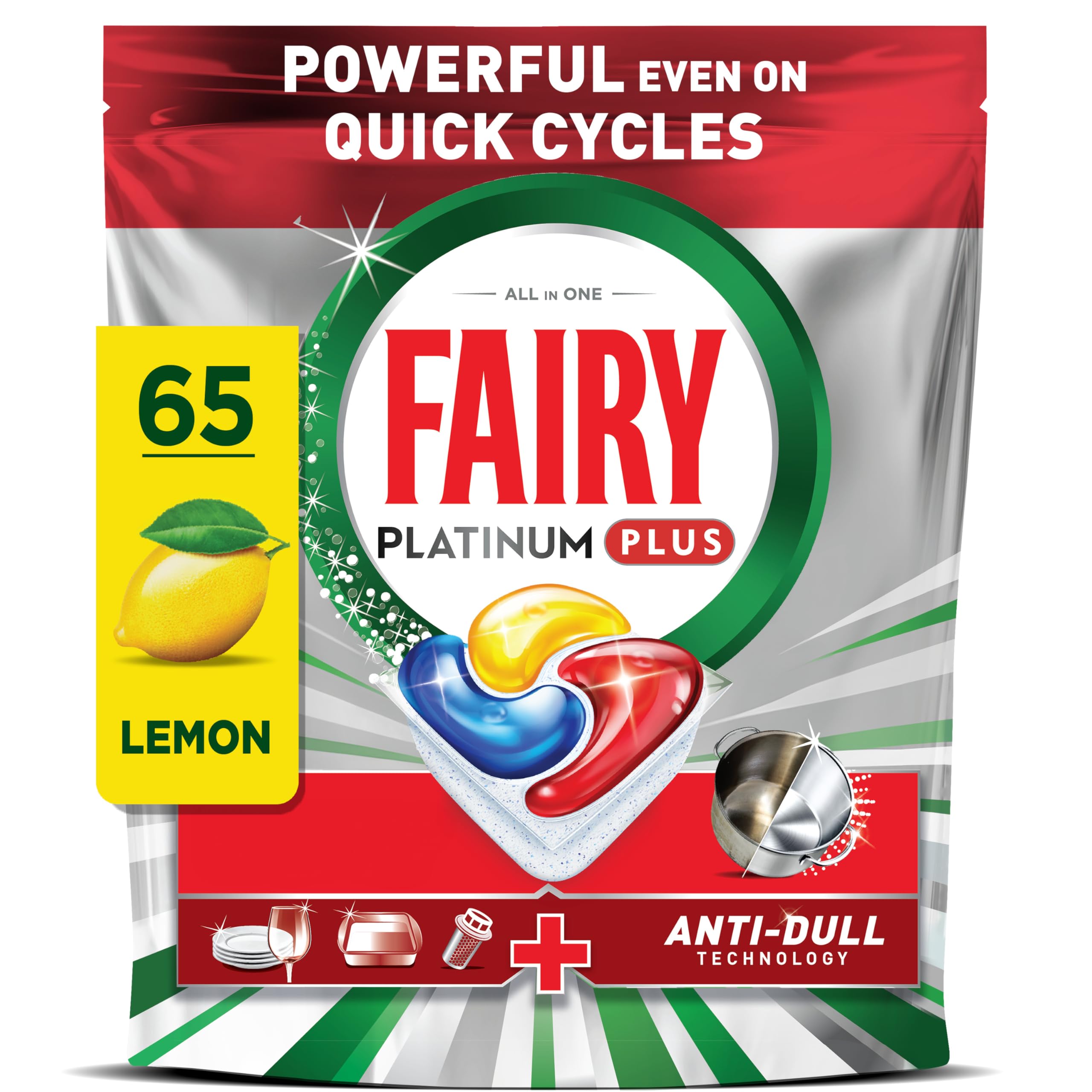 Fairy Platinum Plus Dishwasher Tablets Lemon Scent, 65 Count, Impeccable Clean