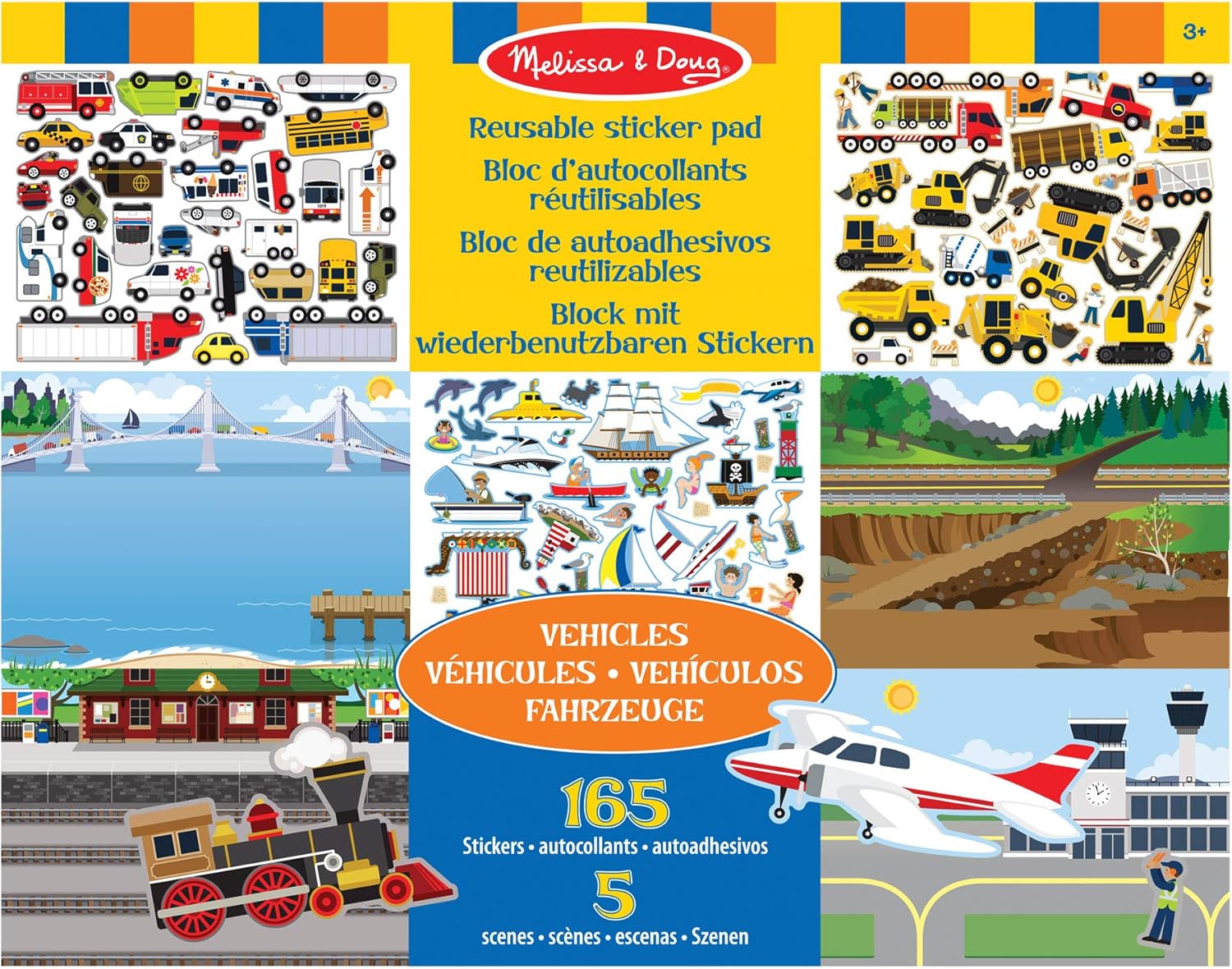 Melissa & Doug Reusable Sticker Pad - Vehicles | 165 Stickers & 5 Scenes | 3+ 1