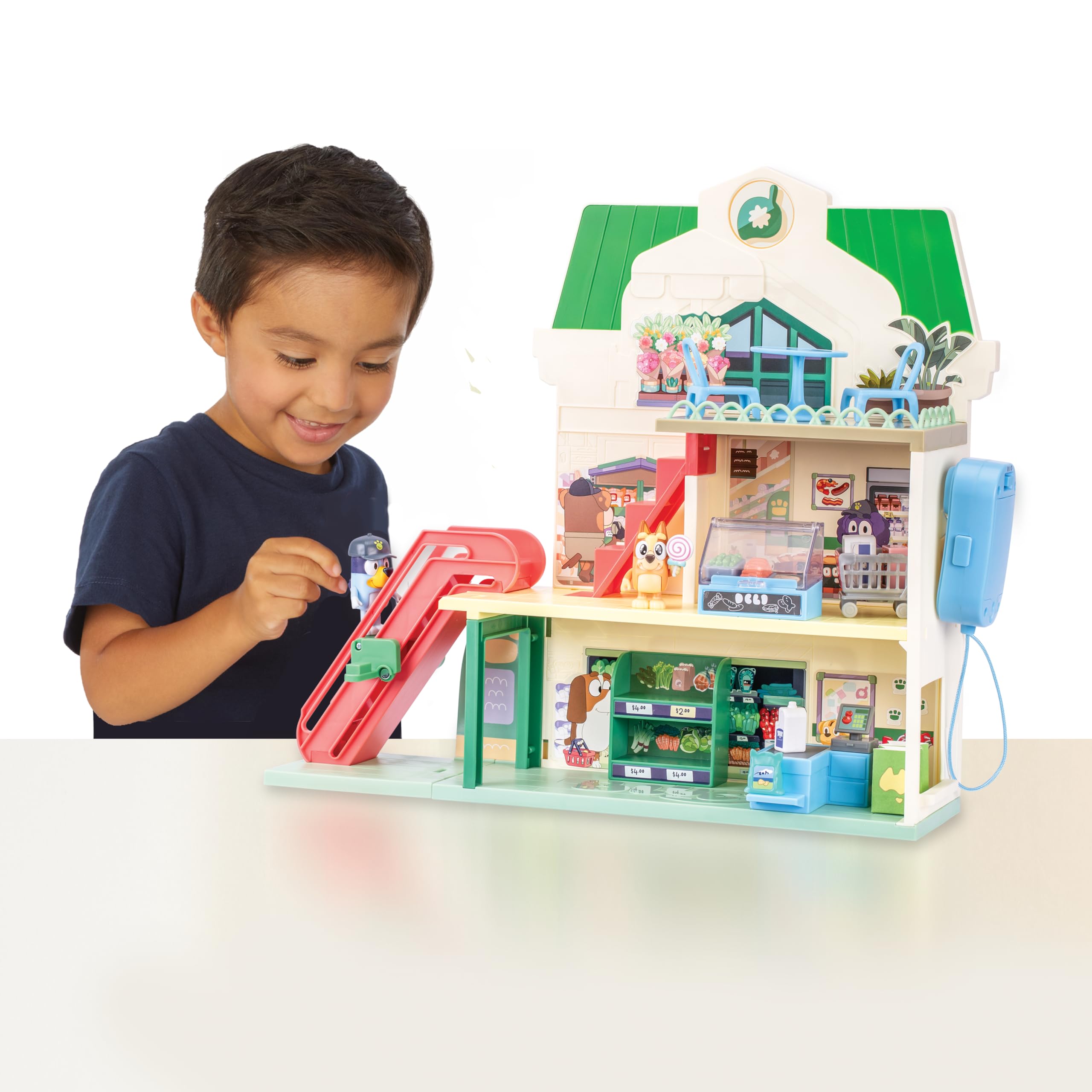 Bluey Supermarket Playset - 3 Levels, Working Escalator | Includes Exclusive Bluey & Bingo Figures