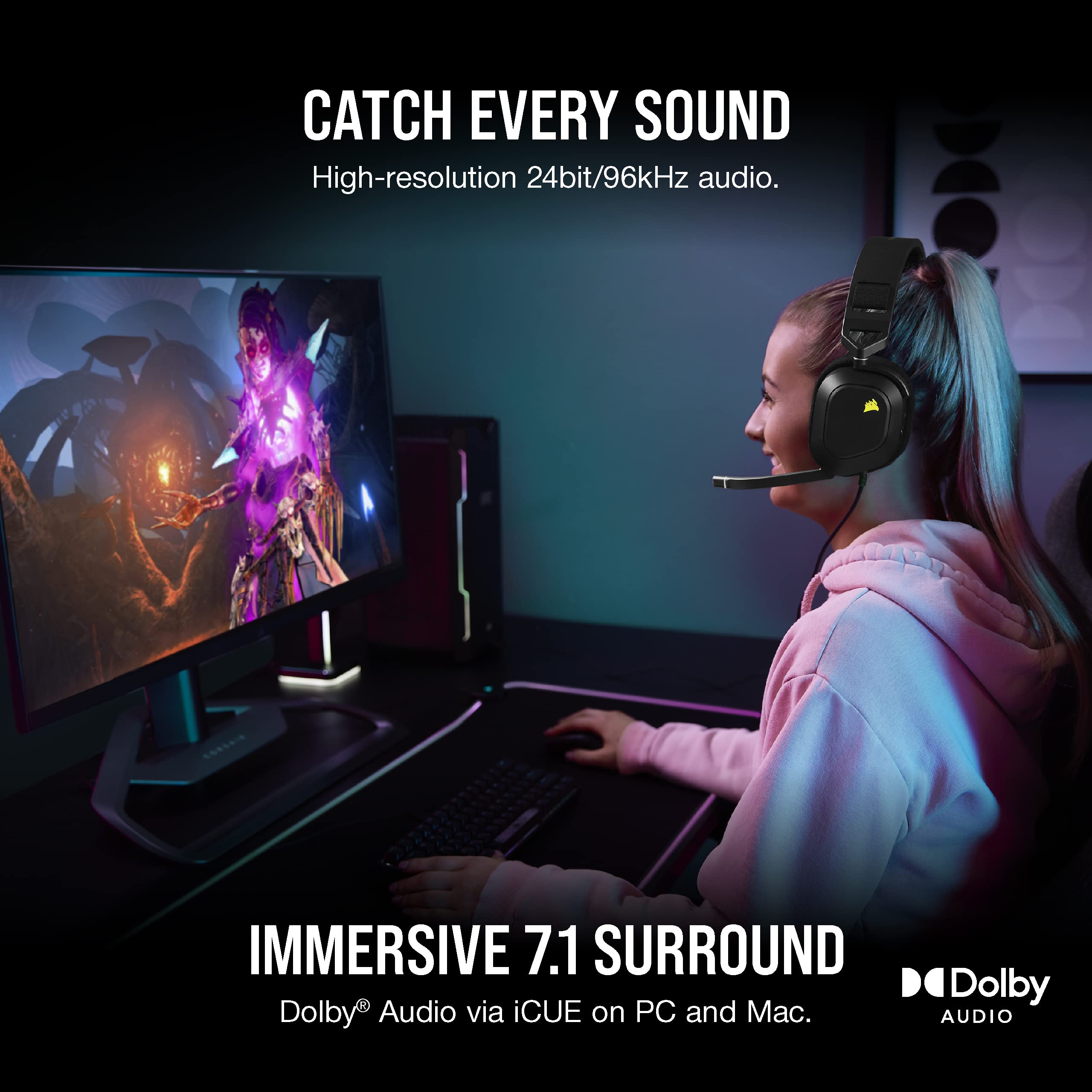 Corsair HS80 RGB USB Gaming Headset - Dolby 7.1 Surround Sound | 20Hz-40kHz | Black
