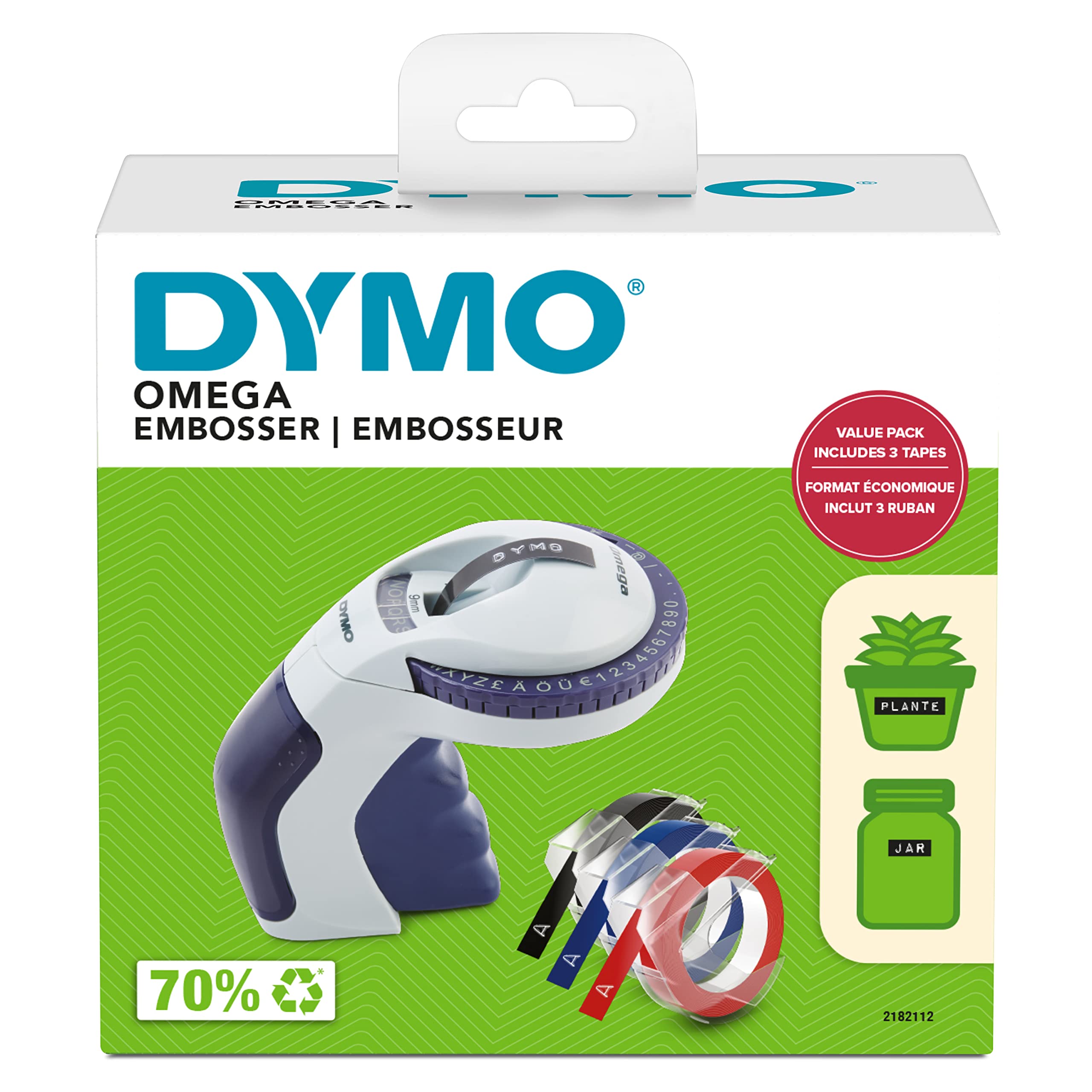 Dymo Omega Embossing Label Maker with 3 Label Tapes | Portable Handheld Design | 49-Character Wheel 8