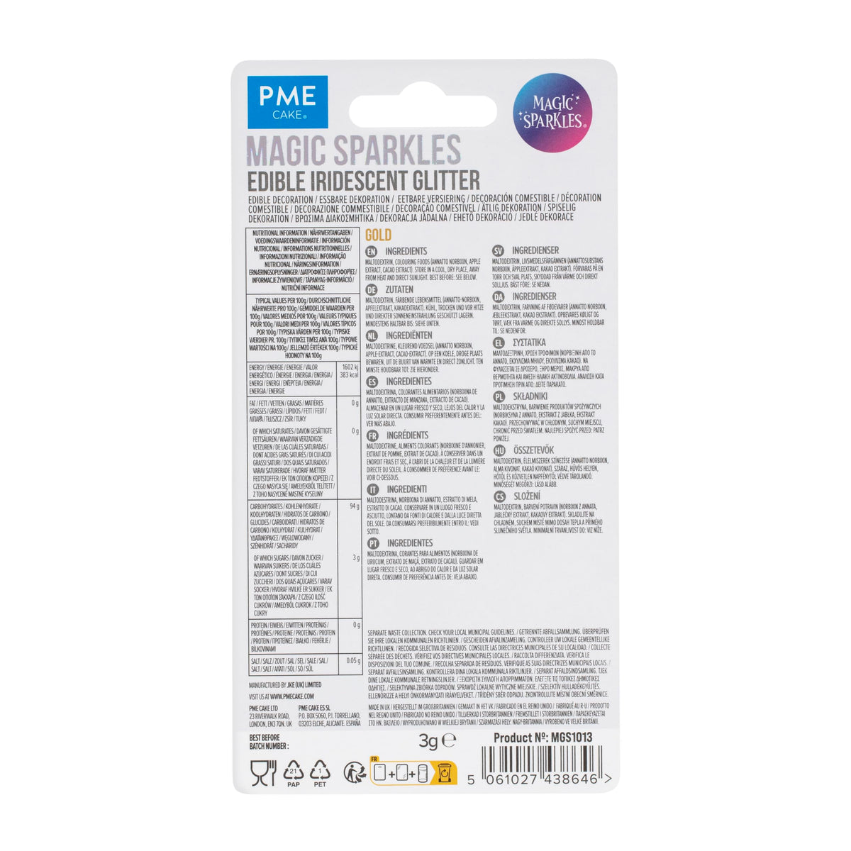 PME Magic Sparkles Edible Iridescent Glitter - Gold, 3g