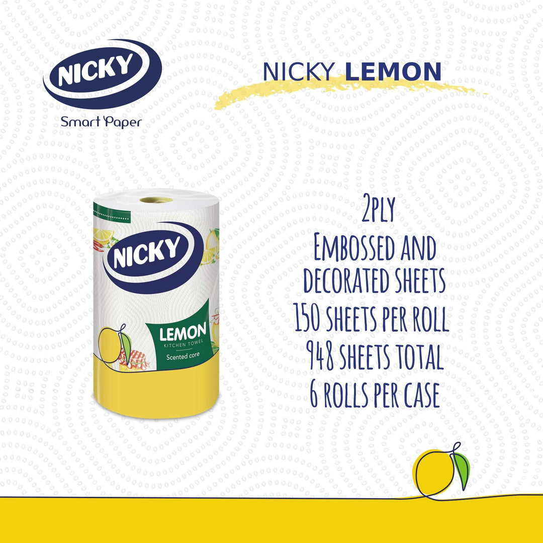Nicky Lemon Kitchen Towel - Pack of 6 Rolls, 150 2-Ply Sheets per Roll, Scented, Embossed, FSC-Certified