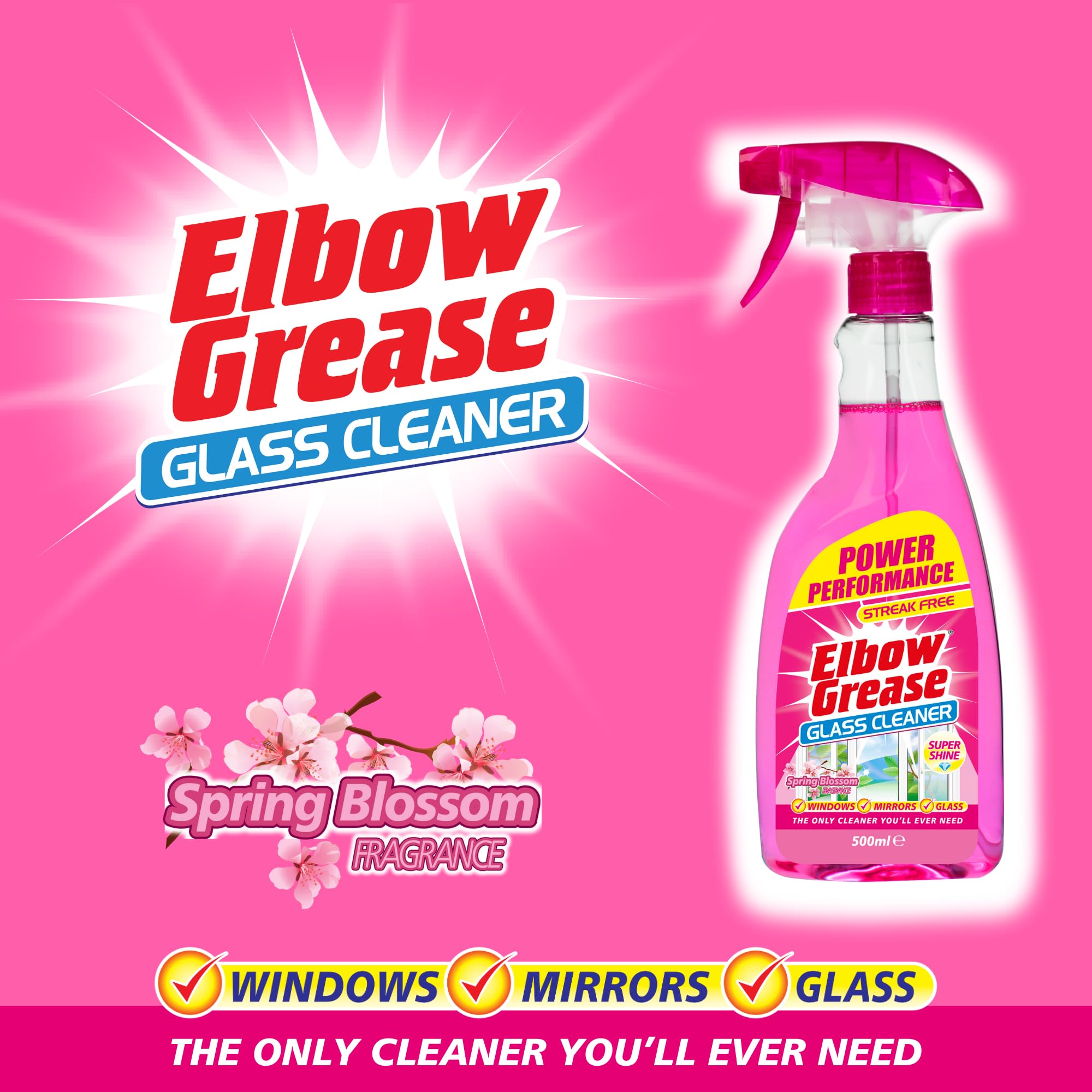 Elbow Grease Pink Glass Cleaner - Streak Free Shine | Spring Blossom Scent | 500ml Spray 2