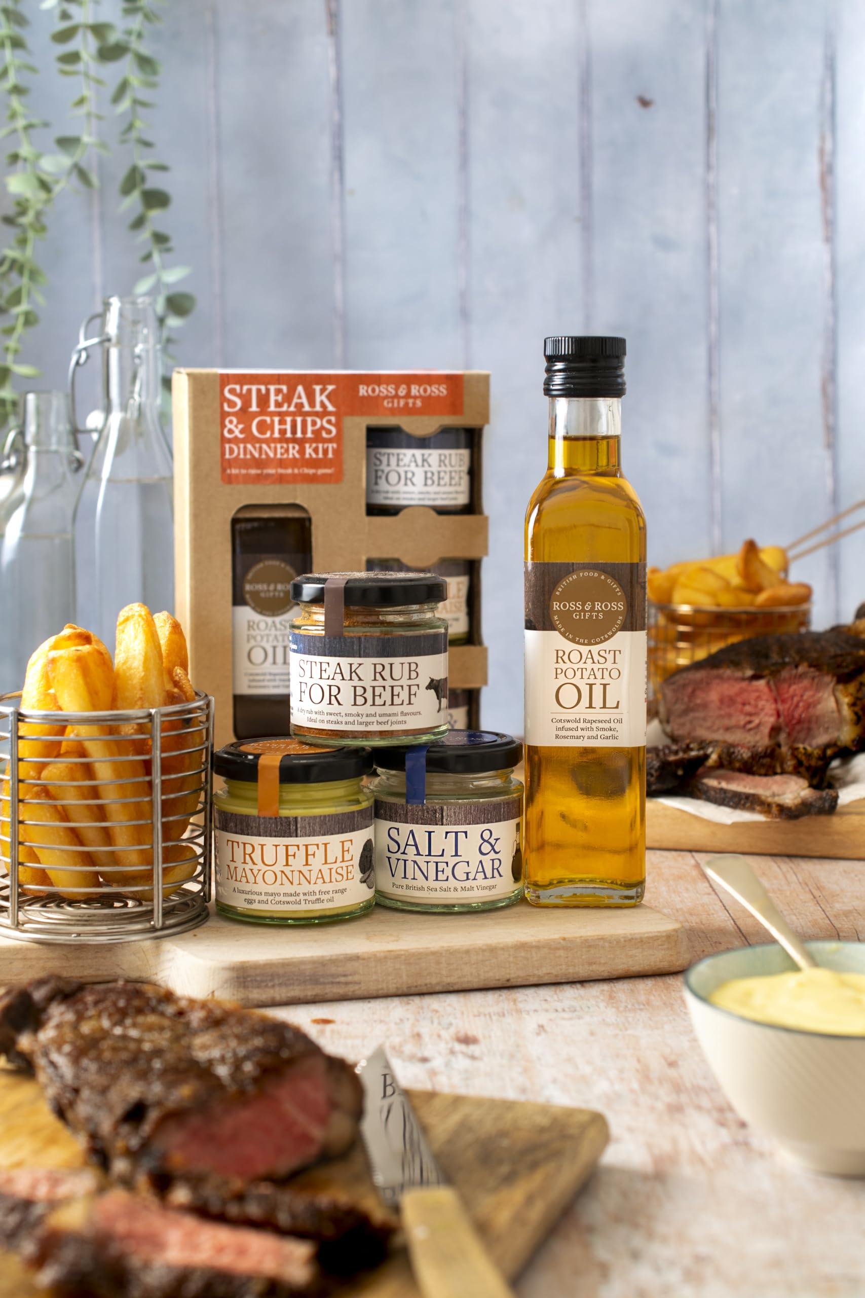 Ross & Ross Gifts - Steak and Chips Quad Kit with Roast Potato Oil, Steak Rub, Salt & Vinegar Salt, Truffle Mayonnaise 2
