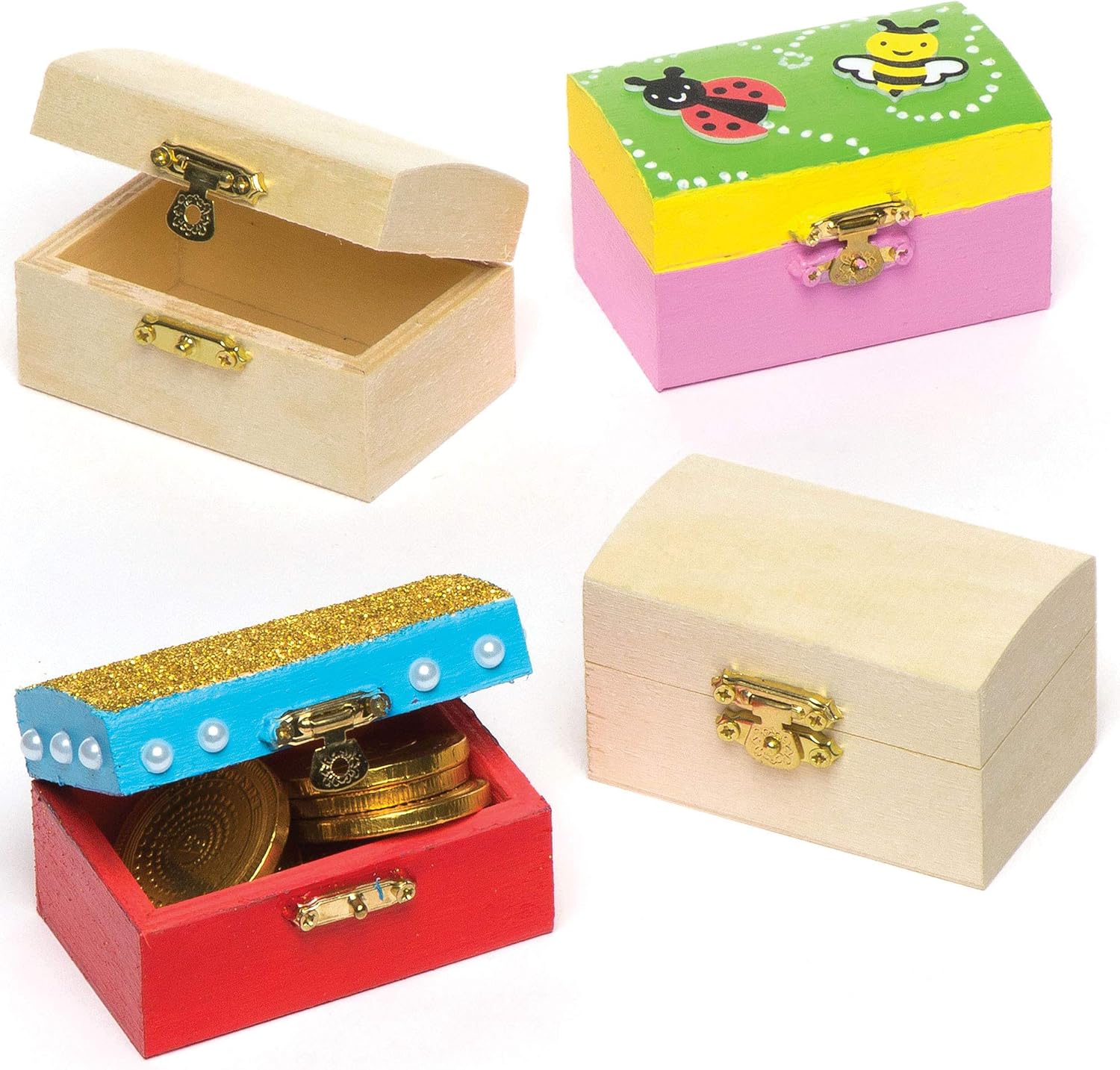 Baker Ross Mini Wooden Treasure Chests - DIY Craft Kit for Kids (Pack of 4) 1