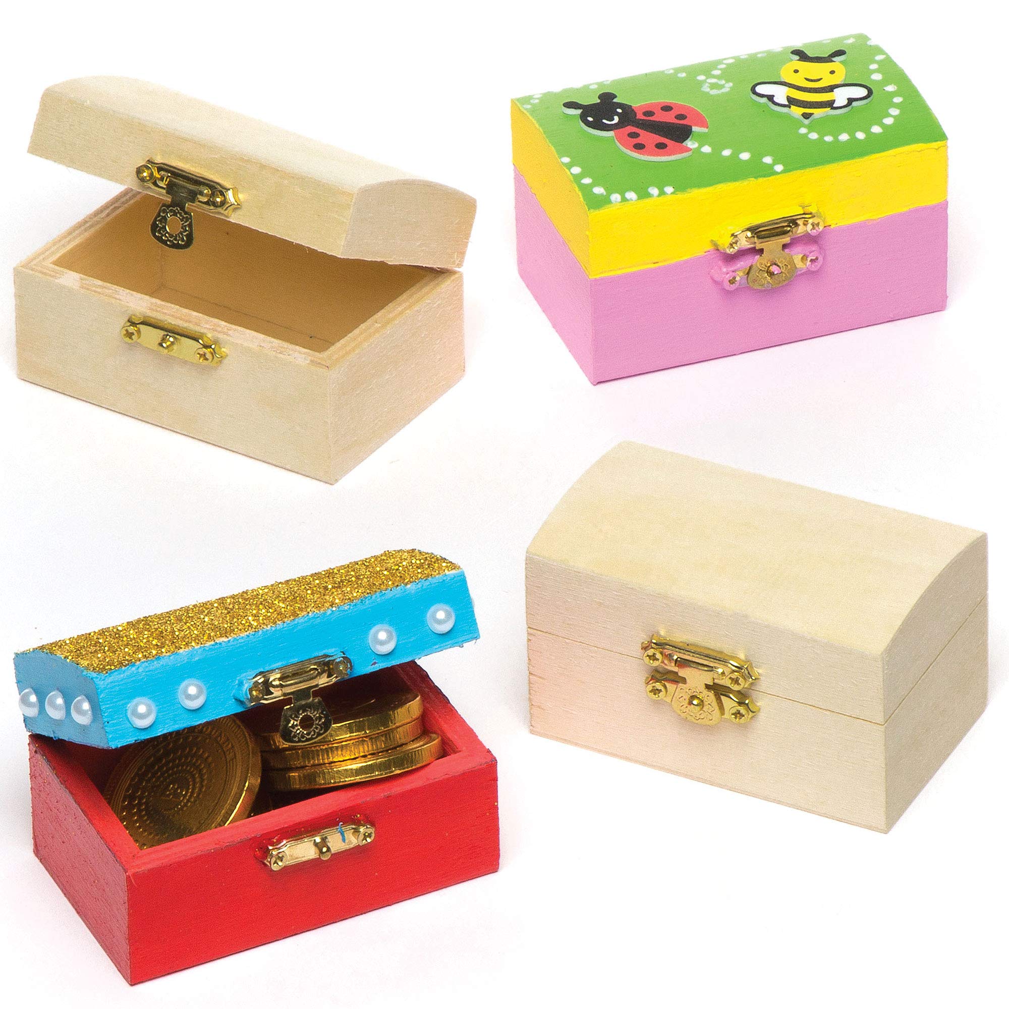 Baker Ross ET127 Mini Wooden Jewellery Box Treasure Chests - Pack of 4, 8cm x 5cm | Craft Kit 1