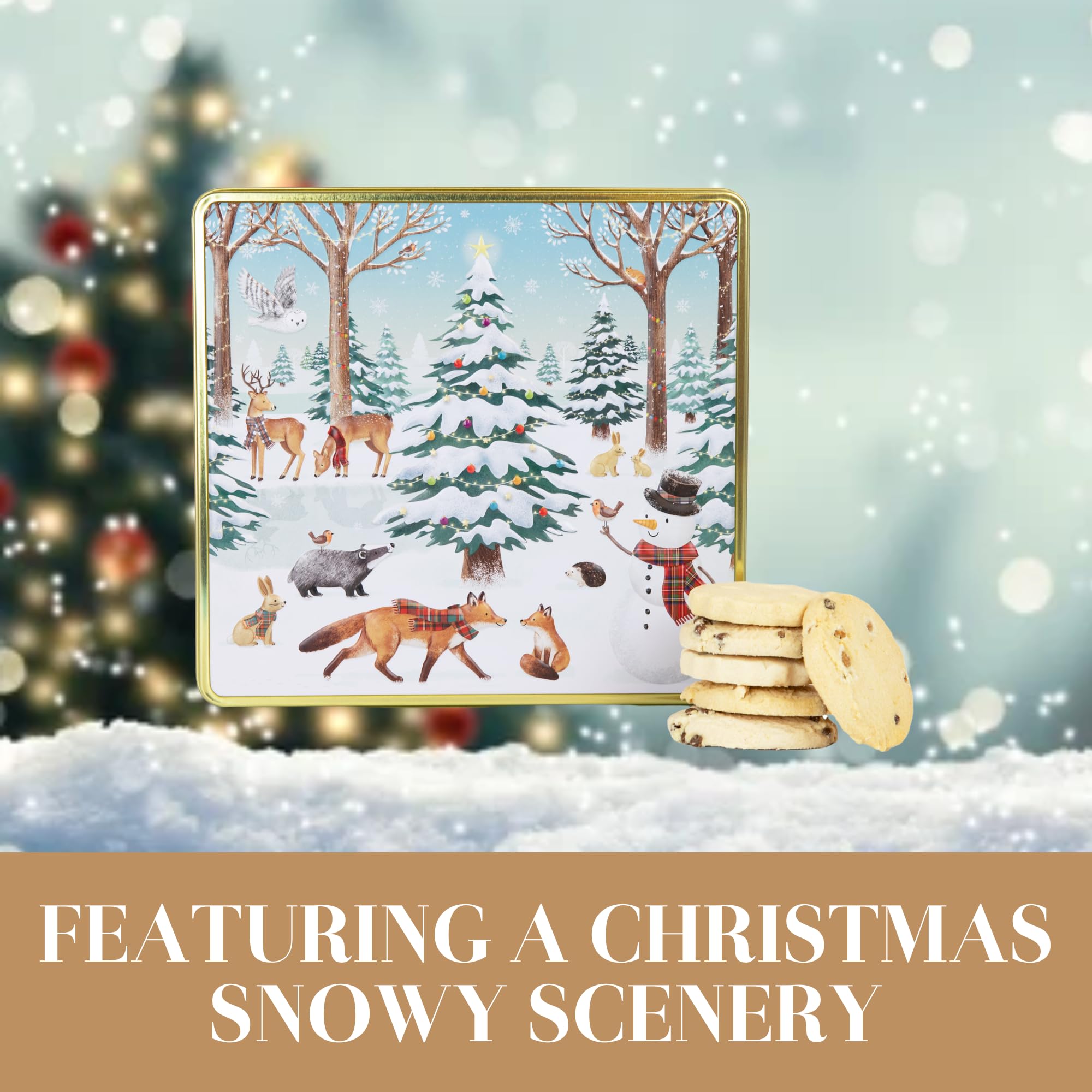 The Silver Crane co. Festive Forest Square Christmas Biscuits Tin with 3 Scottish Shortbread Flavors 3