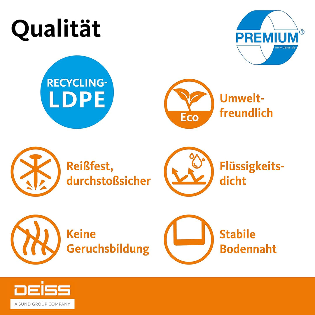 Deiss Premium Transparent Bin Bags Type 60, 120L - Clear Rubbish Bags 700 x 1100 mm